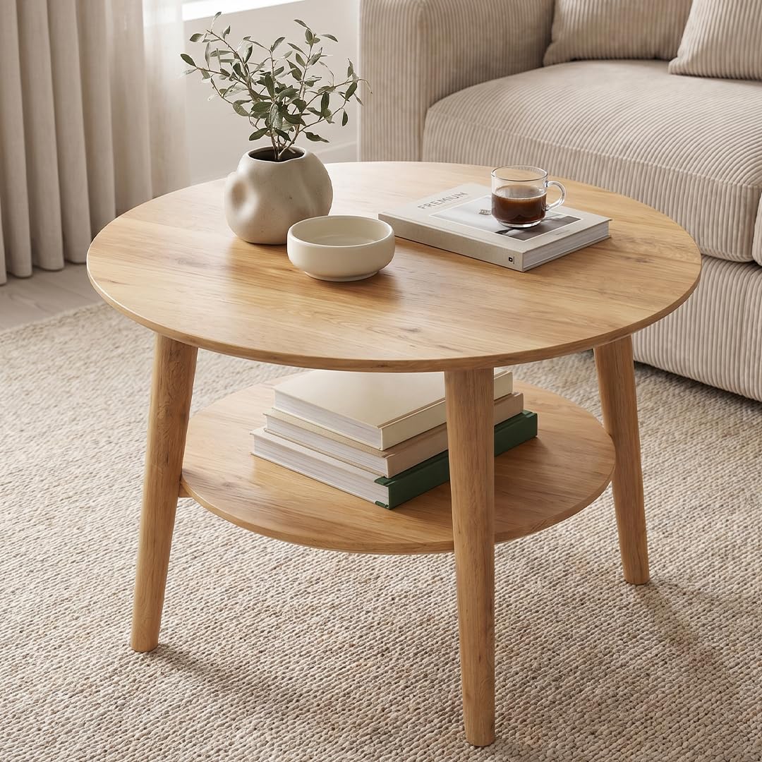 skølm Mjölnir Couchtisch rund Ø70 cm – Wohnzimmertisch aus Eiche Massivholz – Sofatisch mit 2 Ablagen – kleiner Beistelltisch Natur geölt – Holztisch Wohnzimmer mit Stauraum – Coffee Table
