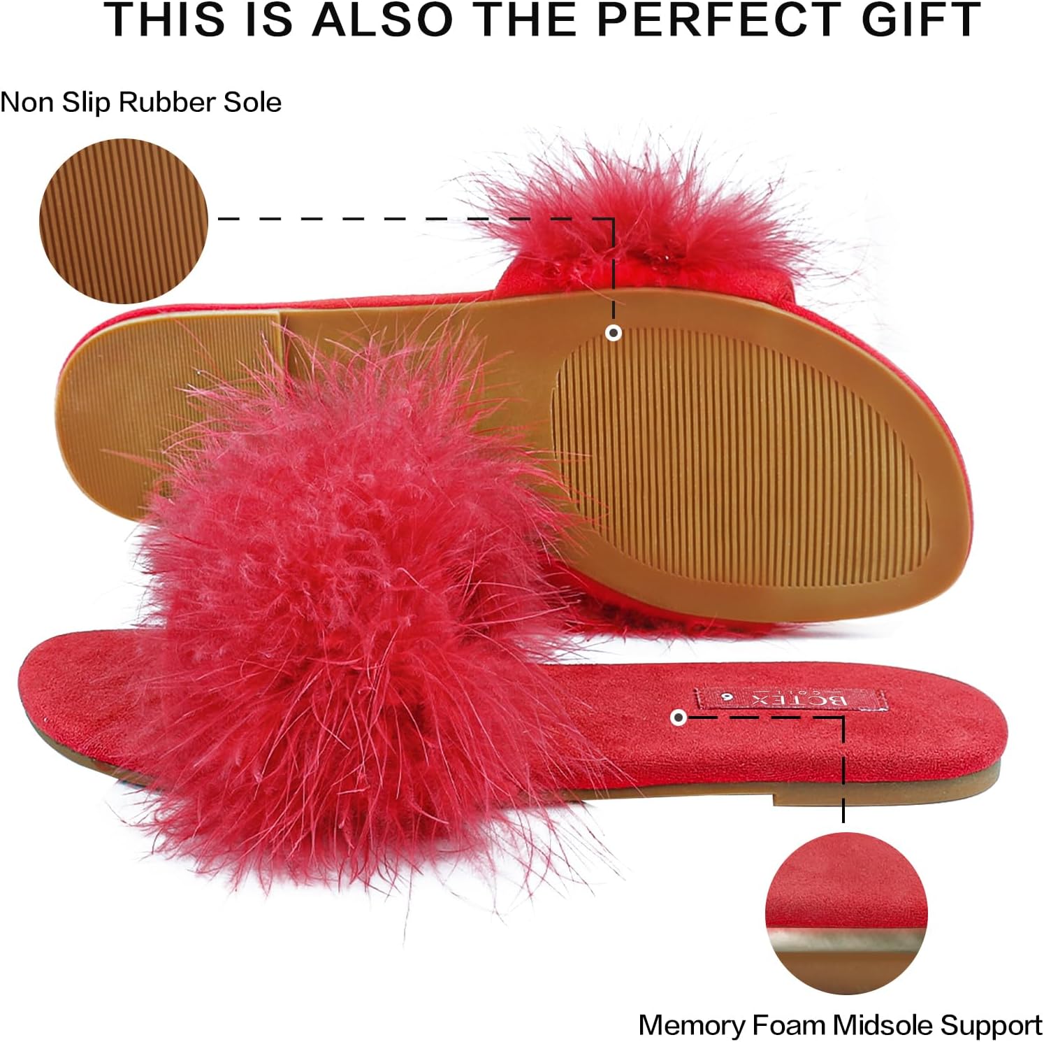 BCTEX COLL Women's Fuzzy Open Toe Slippers Memory Foam Feather Slides Fluffy Furry Indoor House Sandals - Image 4