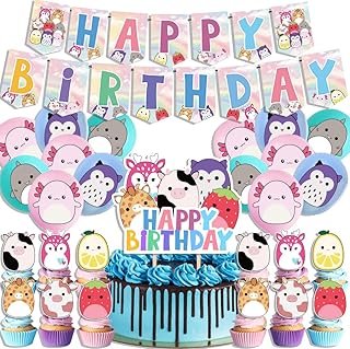 Cute Birthday Party Supplies, Cute Cartoon Themed Birthday Party Decorations Set Include Happy Birthday Banner,Balloons, Cake Toppers and Cupcake Toppers for Boy and Girl Gift Party