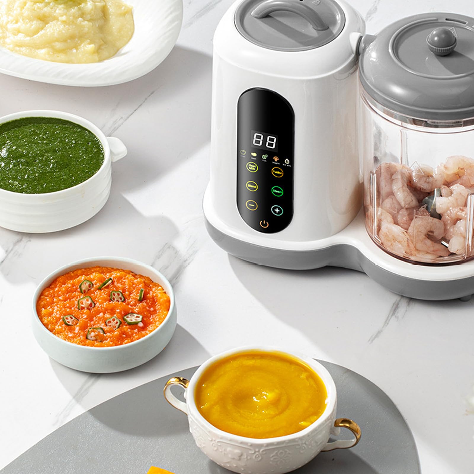 Máquina automática de alimentos para bebés 4 en 1, procesador de alimentos casero multifuncional de 450 W con vaporizador, licuadora de puré, 4 menús preestablecidos, control de pantalla
