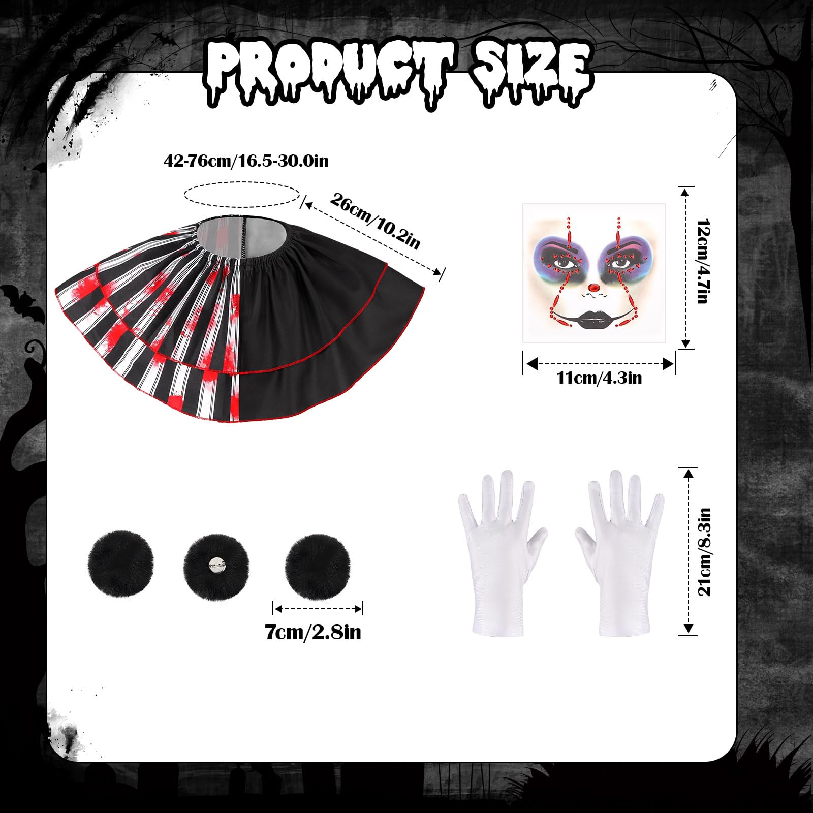4 PCS Scary Clown Accessories Women Men, Killer Clown Collar Ruffle Face Gems Black Pompoms White Gloves - Image 2