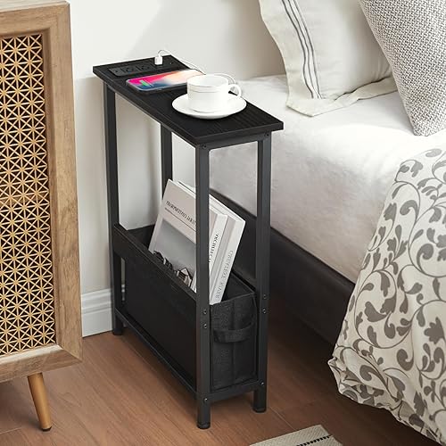 Miniatura 15 de Mesa auxiliar de carga delgada con almacenamiento, para espacios pequeños y dormitorio Marrón (Rustic Brown),Negro