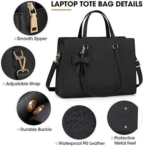 Miniatura 4 de Bolsa de computadora portátil para mujer, bolsa de mano para laptop de 15.6 pulgadas, bolsa de cuero impermeable, maletín grande y ligero, bolsa de