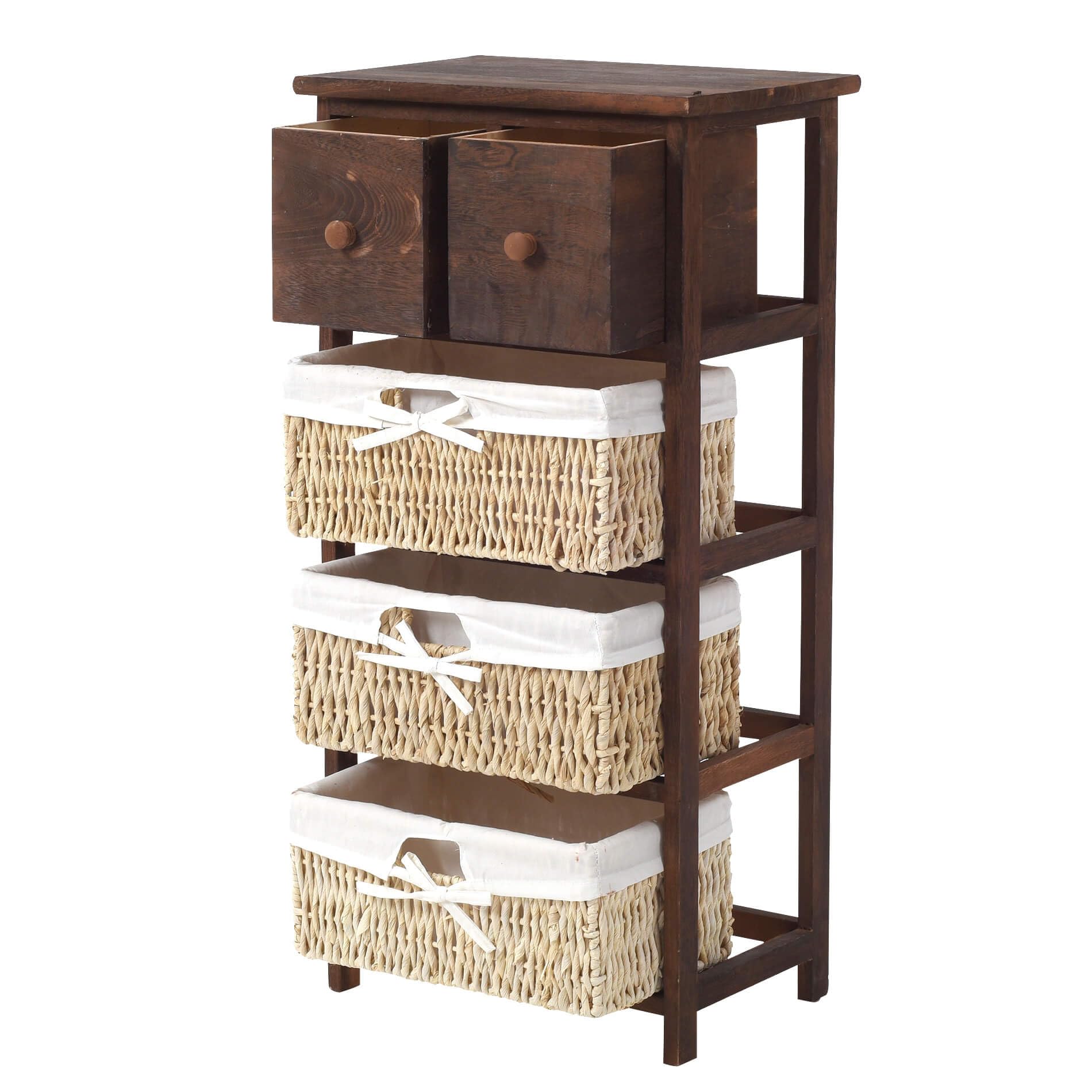 Rebecca Mobili Cassettiera Credenza Rustica, 2 Cassetti 3 Ceste, Legno Vimini, Marrone Scuro, Arredo Bagno Cucina - Misure: 80 x 40 x 27 cm (HxLxP) - Art. RE4059