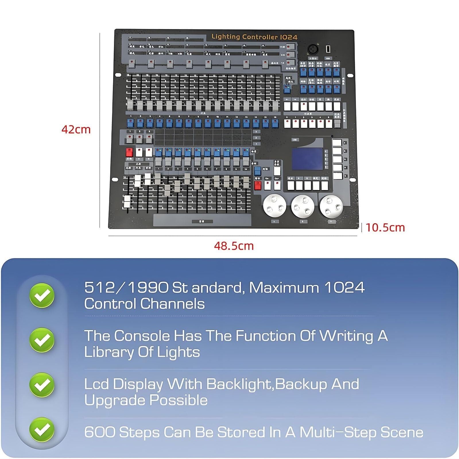 Controlador DMX de 1024 Canales, Consola 512, 60 escenas, Salida de Aislamiento fotoeléctrico para focos LED Par, Cabezas móviles y Equipos de DJ.