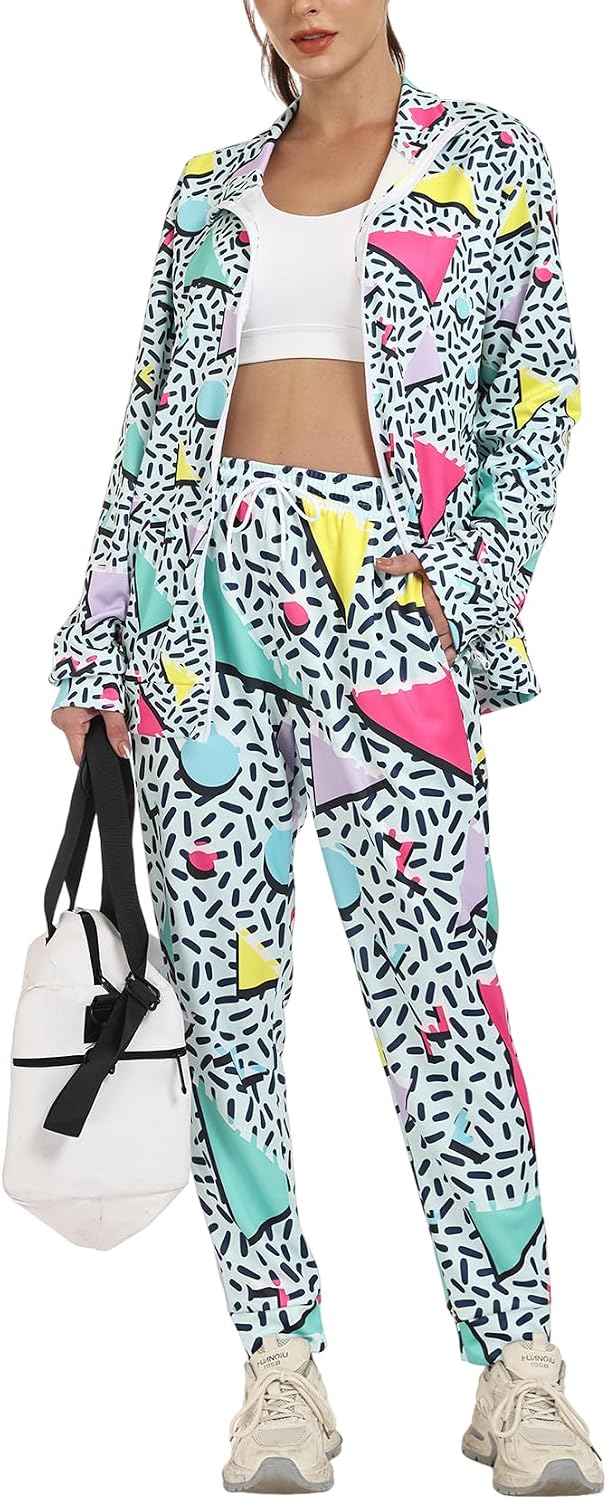 Wyeysyt 80s 90s Outfits for Women 2 Piece Color Block Retro Long Sleeve Jacket and Sweatpants Tracksuit Set