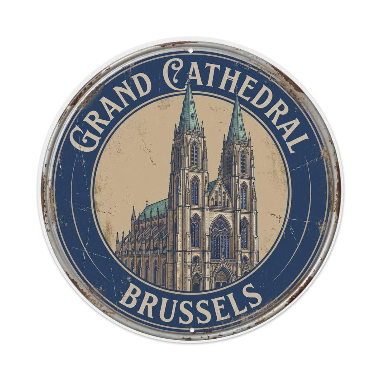 Vintage Travel Grand Cathedral Brussels Metal Tin Sign