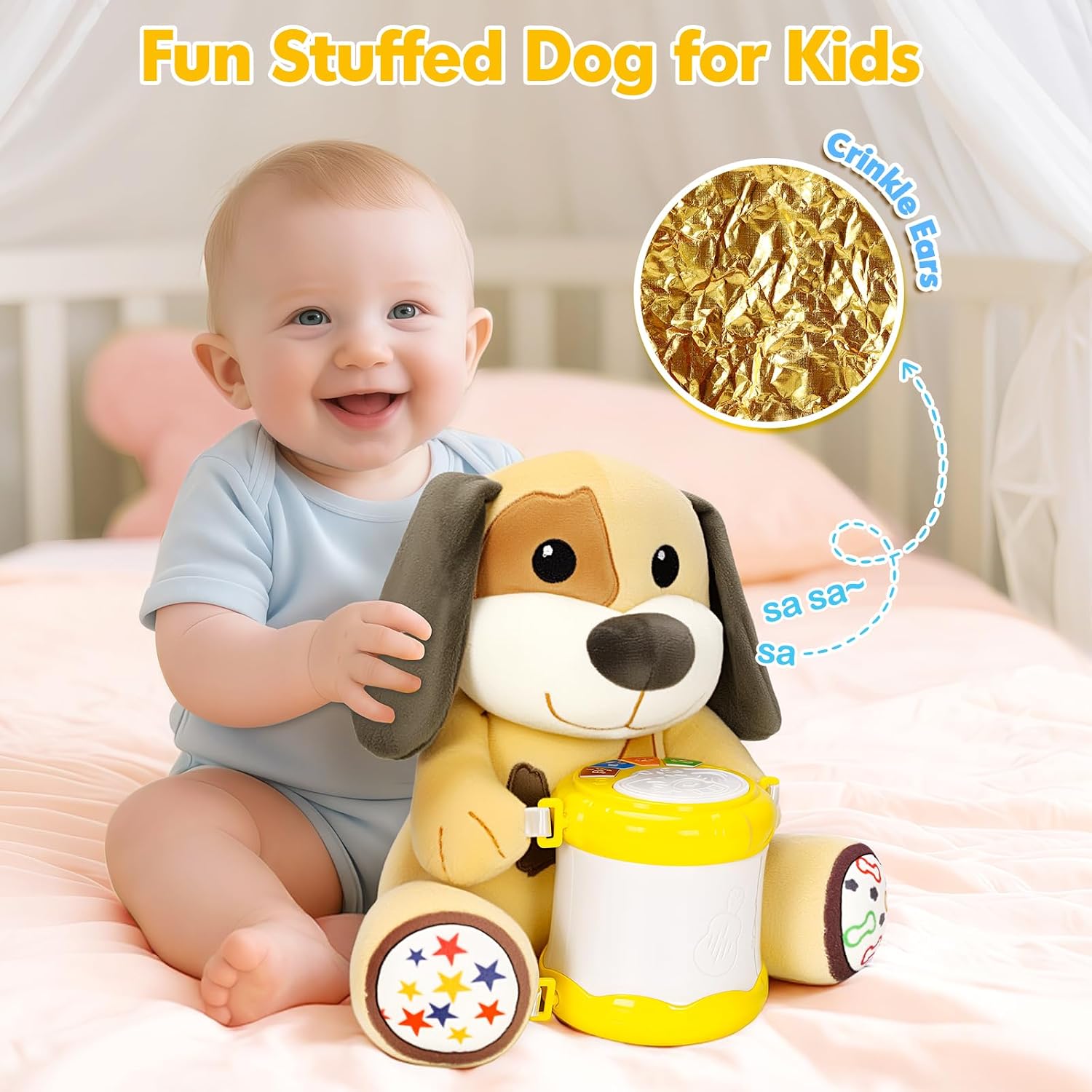 Baby Toys 6-12 Months, Stuffed Puppy with Light Up Sounds Musical Drum | Multi-Function Buttons with ABCs, Numbers, Infant Early Learning Toy, Christmas Birthday Plush Gifts for Toddlers Boys Girls