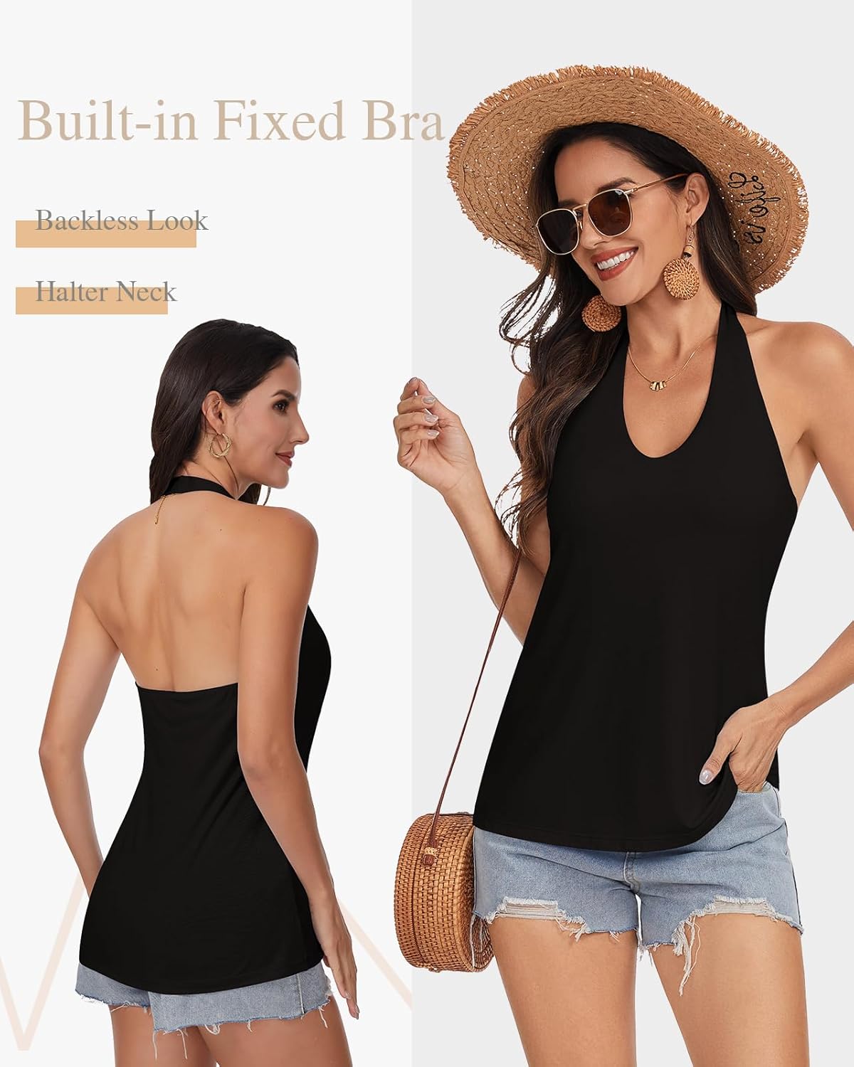 WOWENY Womens Halter Tank Tops with Built in Bra Loose Fit Padded Tops Summer Backless Camisole Going Out Cami Shirts