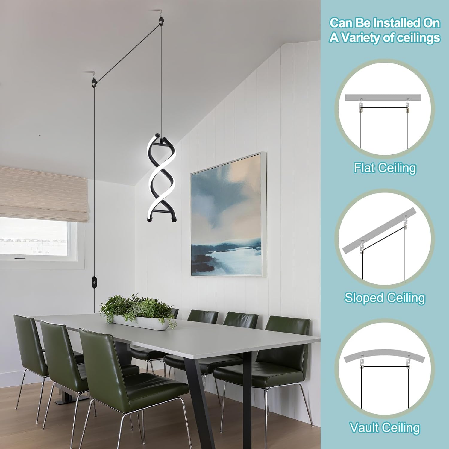 CANEOE Spiral Plug in Led Pendant Light Fixture, 9.84FT Modern Hanging Light with Plug in Cord On/Off Switch,Black Hanging Pendant Lamp for Living Room Bedroom Dining Room Kitchen Island, 1 Pack