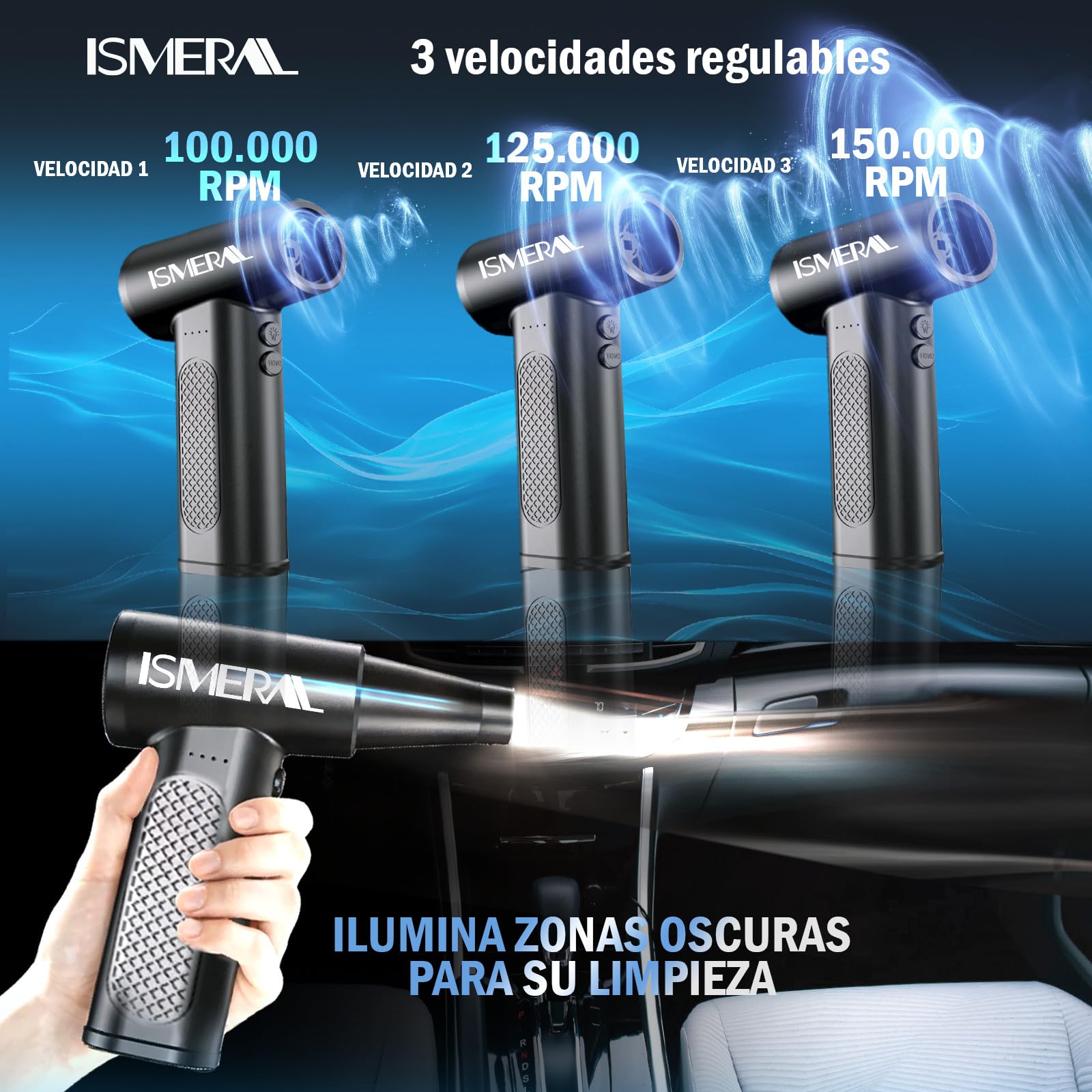 SÚPER Soplador De Aire Potente de 150000RPM BRUSHLESS ISMERAL® + 9 Boquillas + Cepillo + Bolsa de Transporte | Soplador Bateria 6000mAh | Aire Comprimido Limpieza pc | Soplador De Aire para pc |