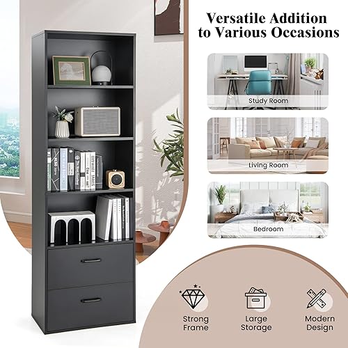 Miniatura 9 de Giantex Estantería de 4 niveles de 74 pulgadas de alto con cajones, estantería estrecha negra independiente con kits antivuelcos, armario de