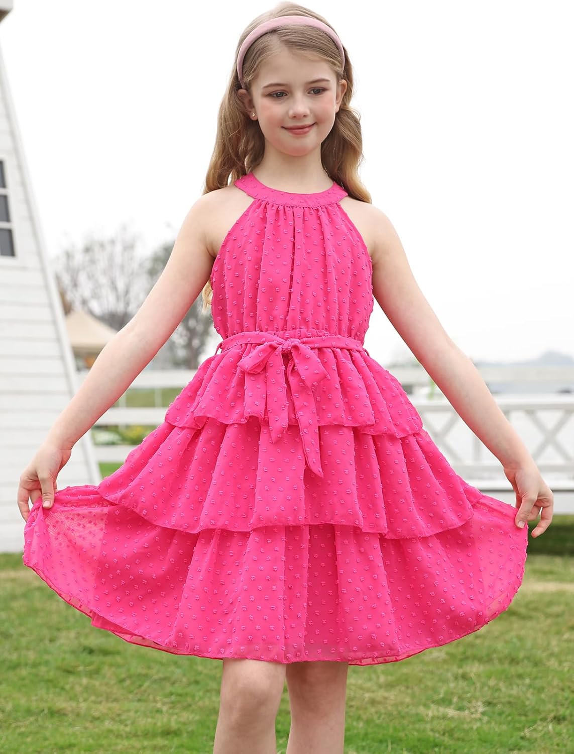 Move Dance Girls Halter Neck Dress Summer Flared A-Line Swiss Dot Chiffon Sundress 6-13 Years Old - Image 6