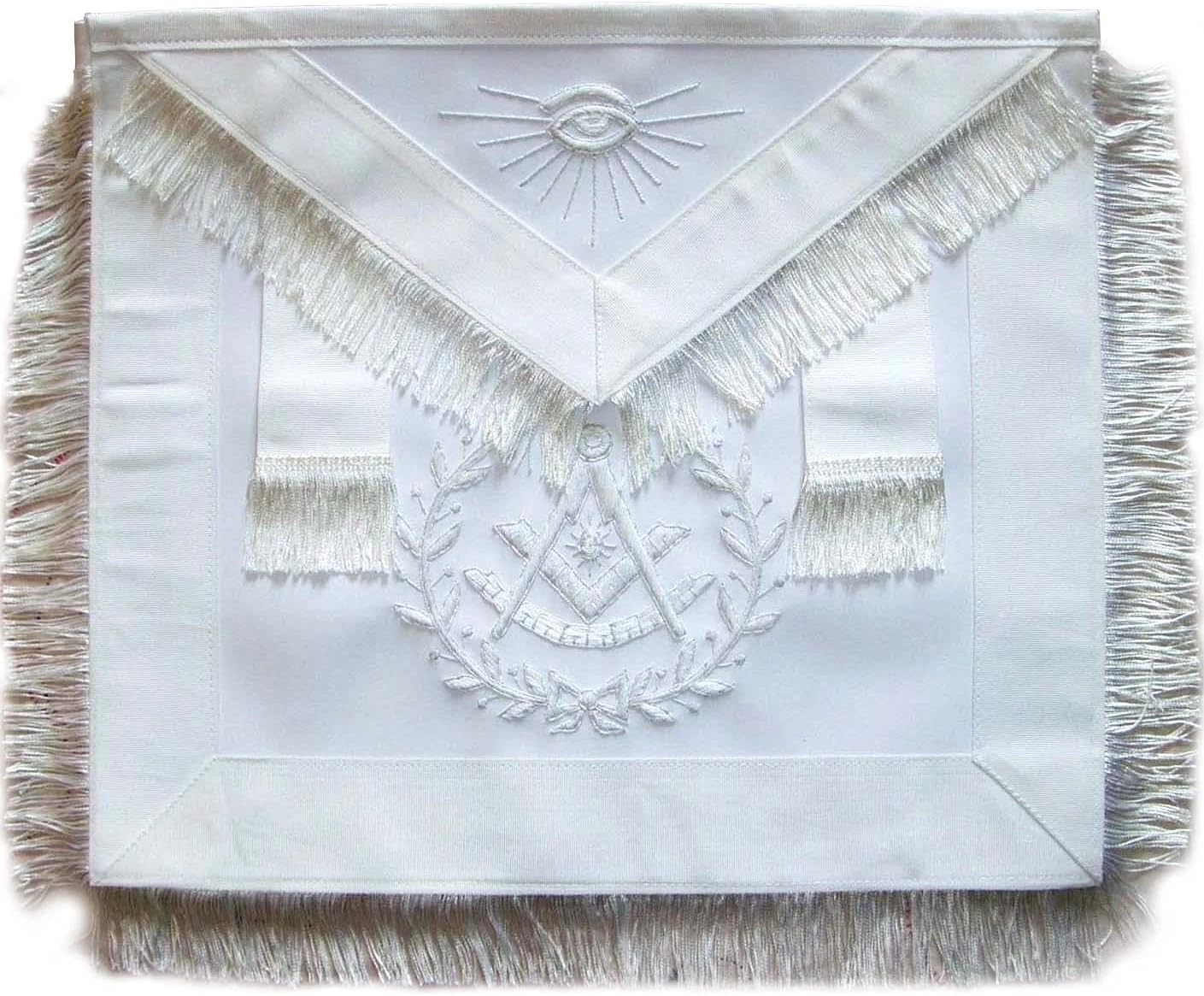 Bricks Masons Past Master Blue Lodge Apron - All White with Wreath & Fringe Tassels