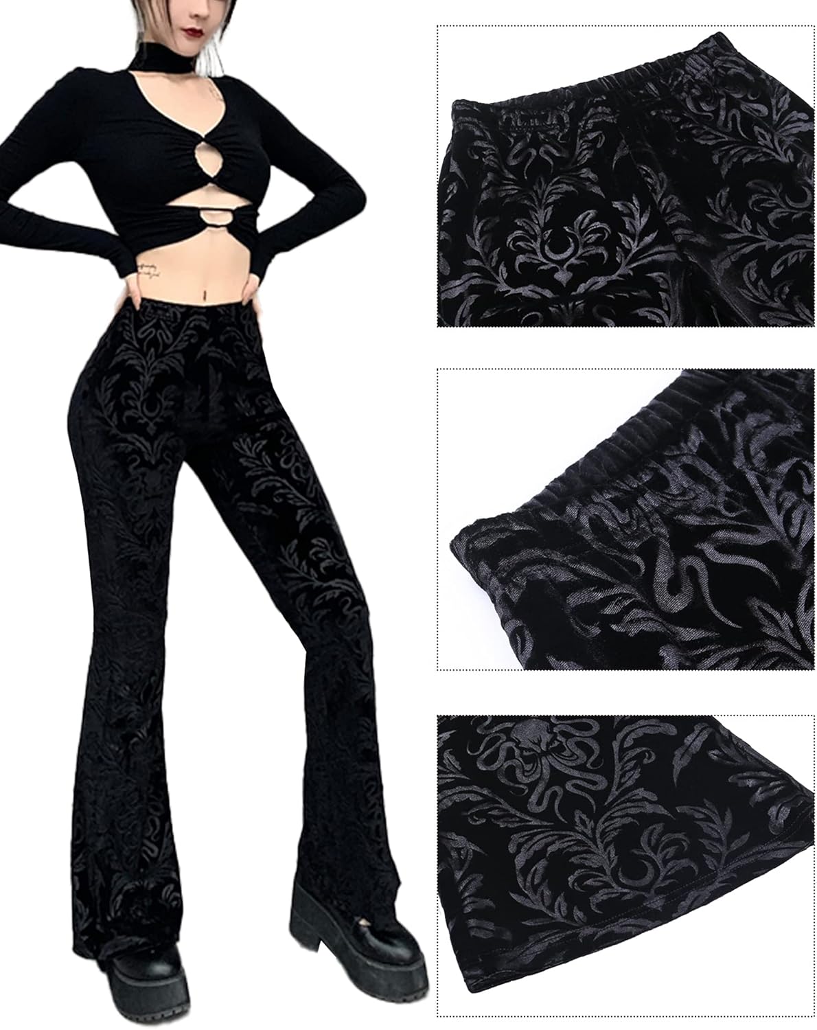 FEOYA Gothic Black Lace Flare Pants for Women Elastic Waist Victorian Bell Bottoms Mesh Punk Disco Pant - Image 4