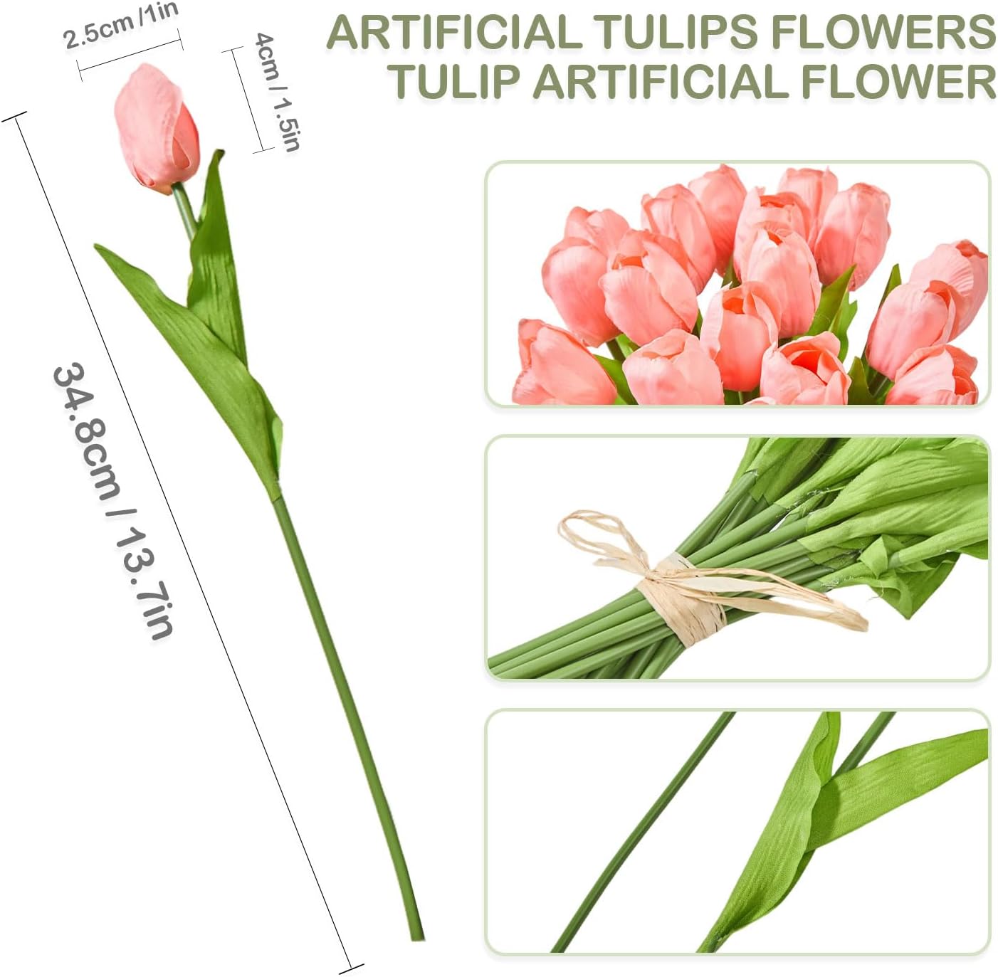 Artificial Tulips 20 Stems (Coral) Silk Flowers for Wedding Spring Bouquet Home Decoration Office Flower Arrangement Party Decoration