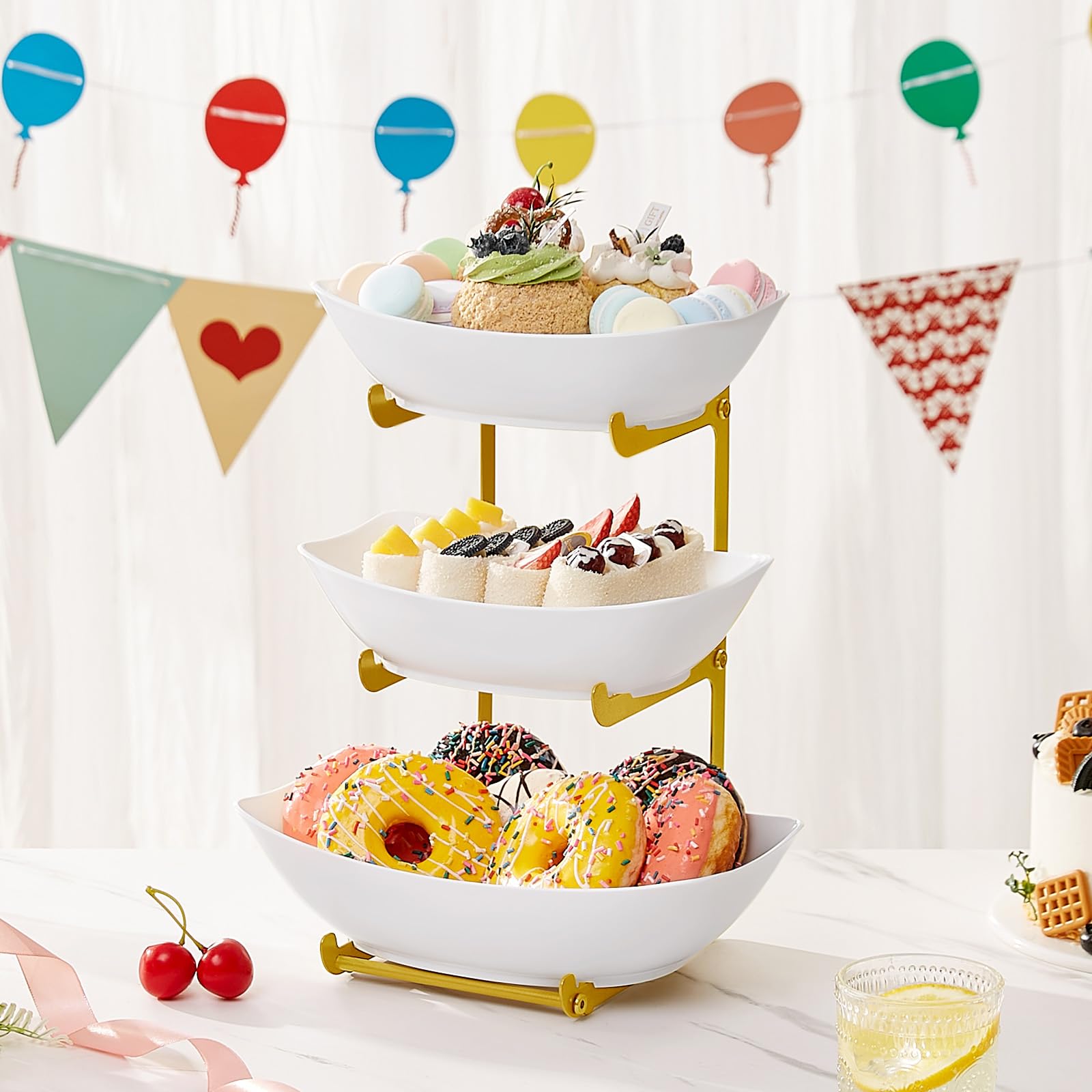 Lifewit Plastic Fruit Bowl Basket for Kitchen Countertop, 3 Tier Fruit Holder with Gold Metal Stand, Serving Tray for Food, Vegetable, Cake, Dessert in Party