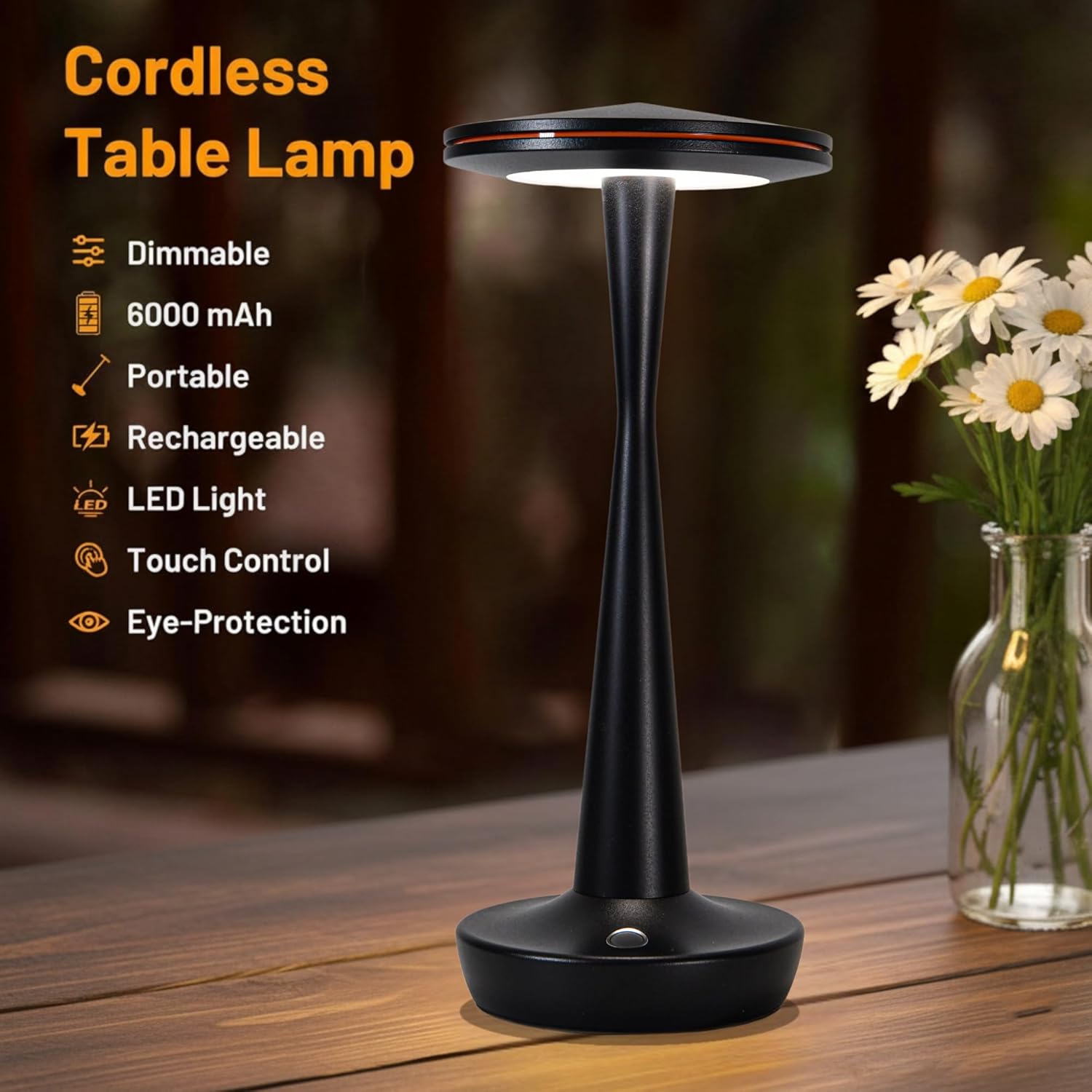 LED Cordless Table Lamps Rechargeable - Outdoor Battery Operated Portable Table Light 3 Color Stepless Dimming Tables Lamp with Memory Function, IP54 Waterproof for Patio Restaurant Dining (Black)