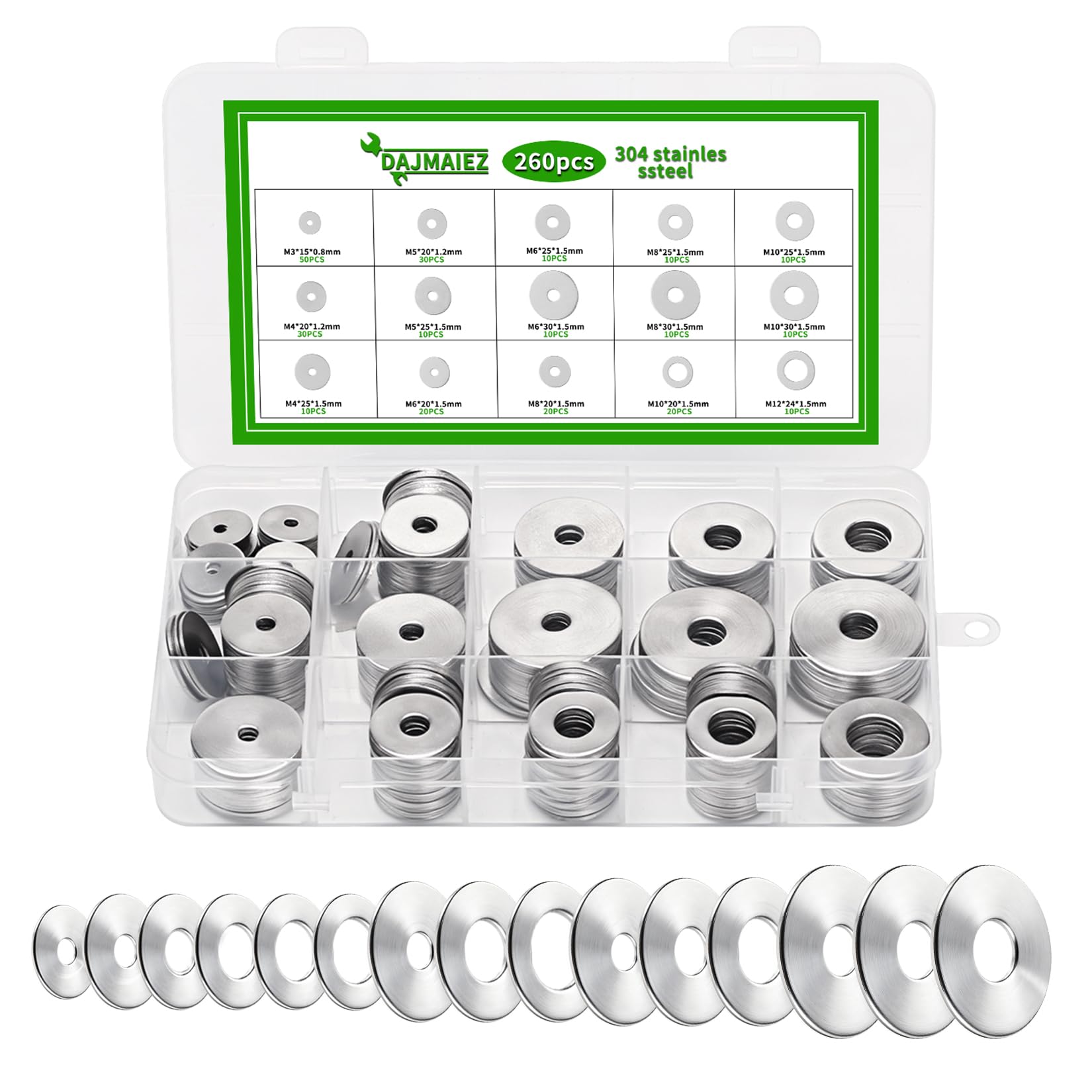 260 Pieces Stainless Steel Washer Set, Stainless Steel Flat Washers Set, Fender Washers, Flat Washer Assortment for Screws (M3 M4 M5 M6 M8 M10 M12)