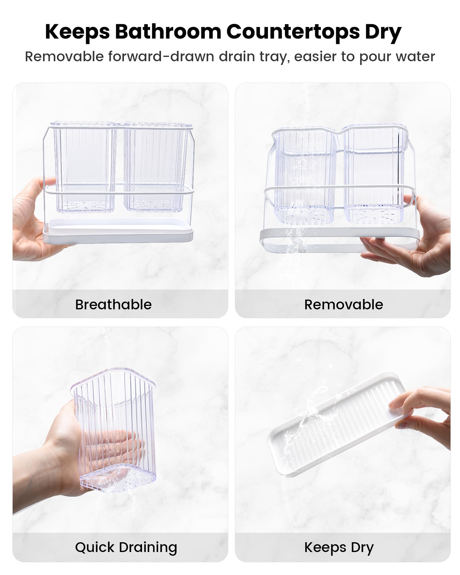 KONE Soporte para cepillo de dientes montado en la pared, soporte colgante para cepillo de dientes eléctrico con 2 compartimentos extraíbles, drenaje seco y húmedo para baño, cocina, familia (blanco)