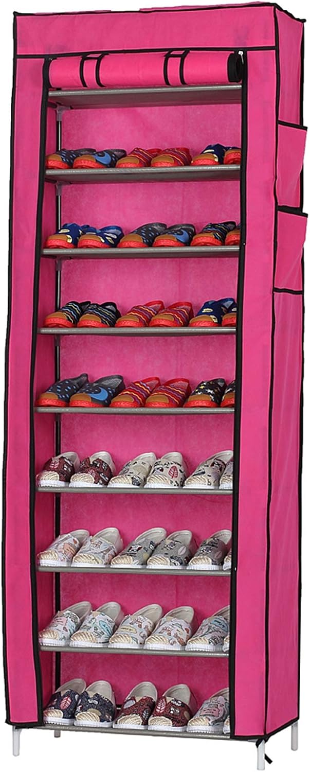 Knocbel 10 Tiers 9 Lattices Shoe Rack Dustproof Non-woven Fabric Closet with Side Pocket Storage Cabinet Organizer, 22.83" W x 11.4" D x 63" H, Gray