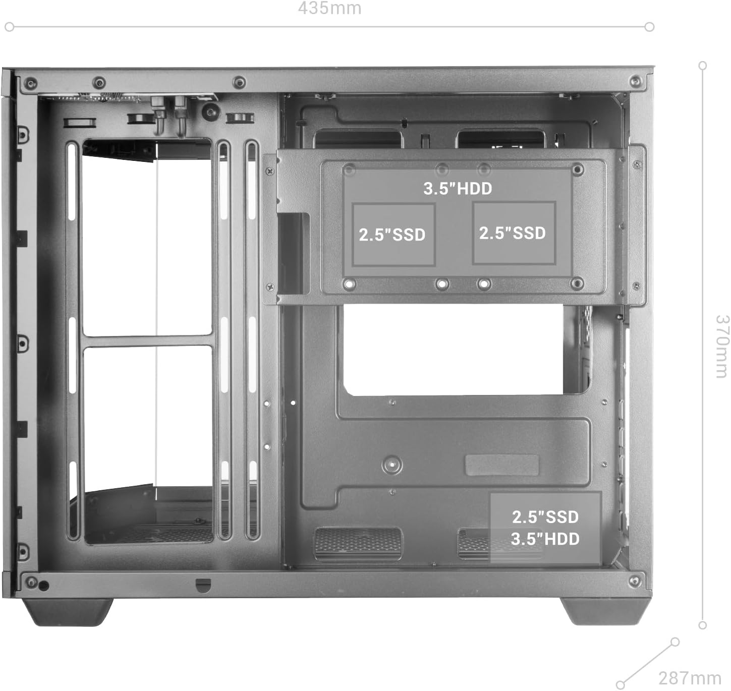 Indre view showing 3.5 inch HDD and 2.5 inch SSD drive bay locations