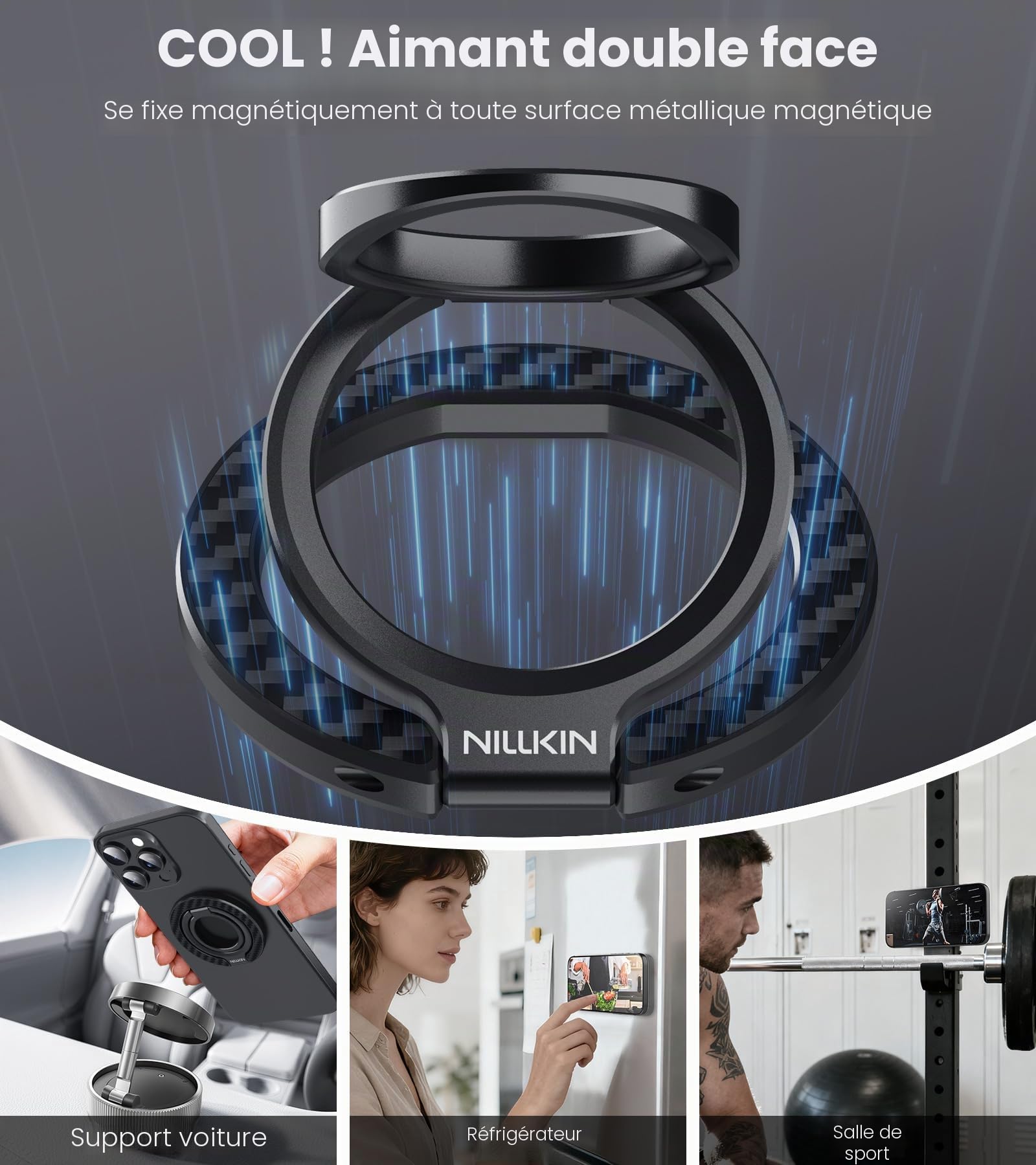 Nillkin Support Anneau Smartphone en Fibre d’Aramide – Magnétique Double Face & MagSafe, Rotation 360° avec Double Axe, Support & Grip pour iPhone/Samsung/Pixel, Accessoires MagSafe – Noir