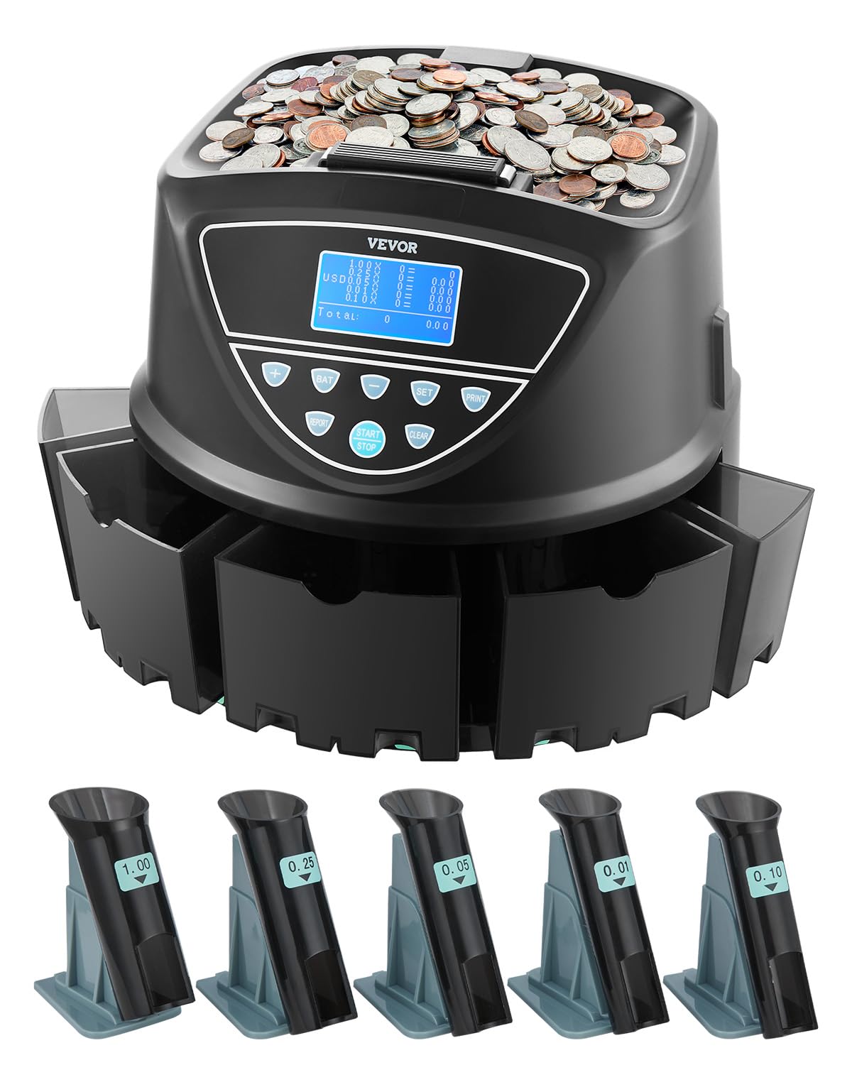 vevor upgraded coin counter & sorter, coin sorter and wrapper machine with intuitive display, change counter for usd coins 1? 5? 10? 25? $1, sorts up to 300 coins/min, with 5 coin tubes and 5 trays