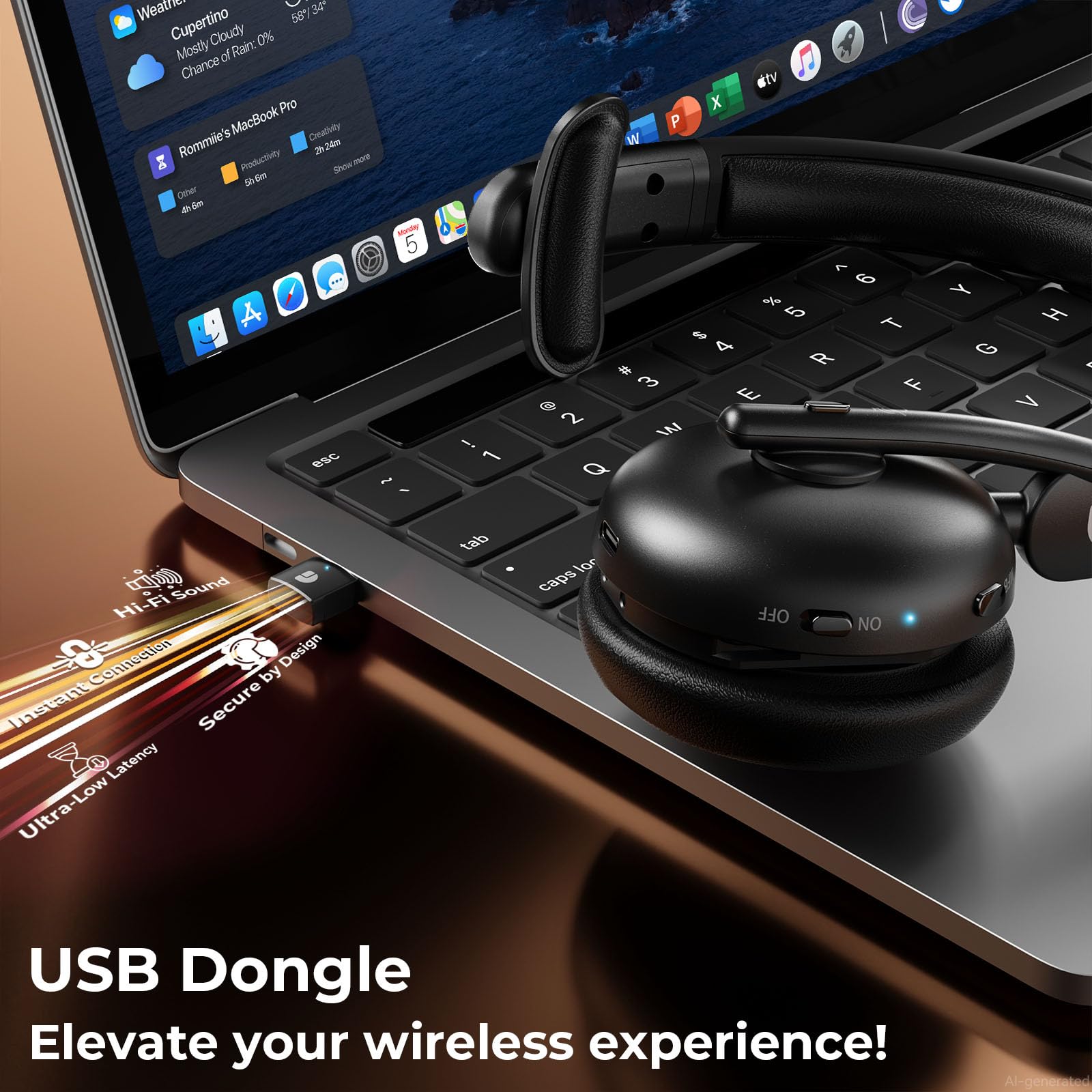 Cuffie wireless con microfono per lavoro, cuffie Bluetooth 5.3 con cancellazione del rumore AI, batteria 65H e funzione mute, cuffie wireless a orecchio singolo e dongle USB, adatte per PC/laptop/team