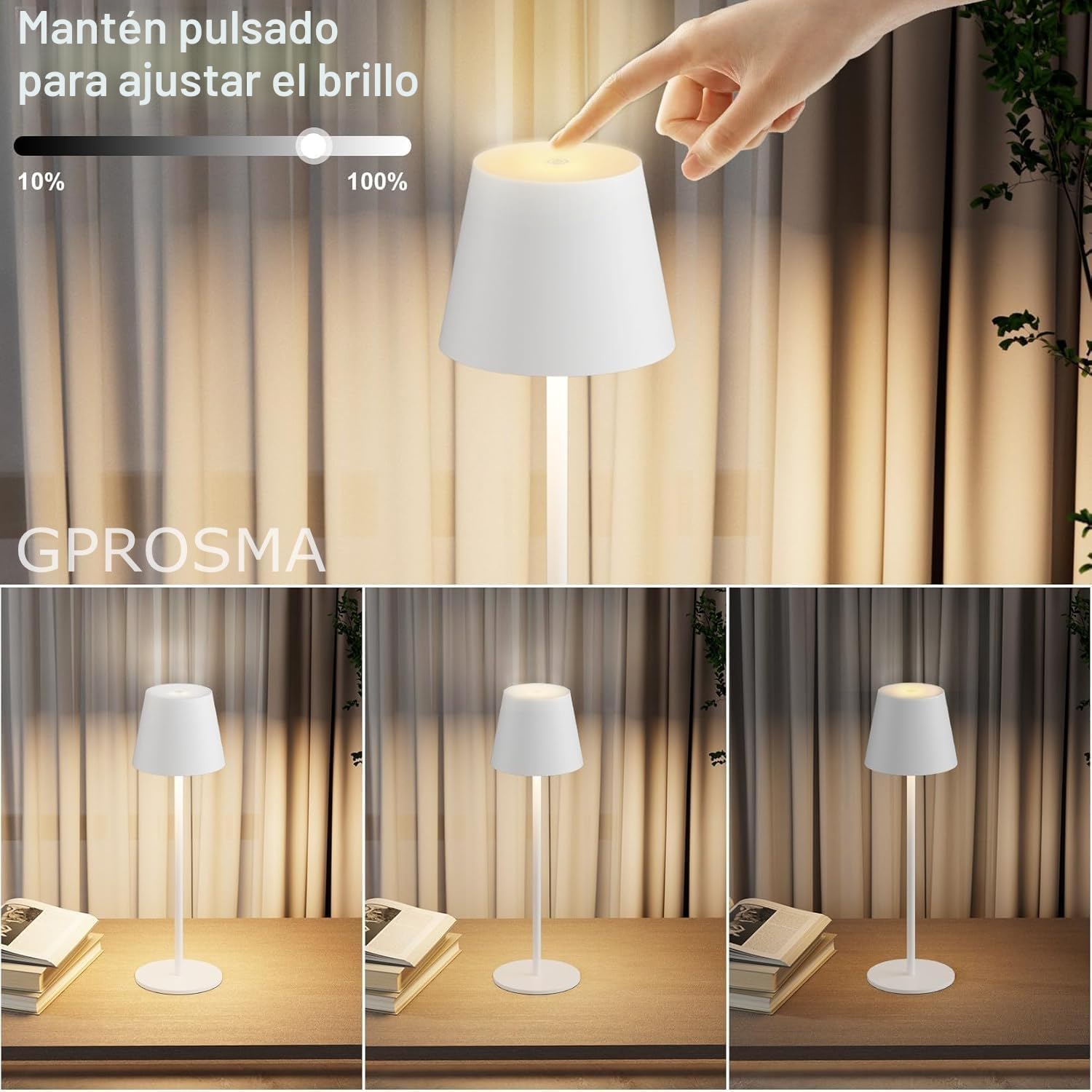 Lamparas de Mesita de Noche sin Cable 2 Piezas, 38CM Metal Lampara Inalambrica de Mesa Escritorio Recargable con Batería 5200mAh, IP54,USB C,Portatil,para Dormitorio Salon,3 modos, Regulable