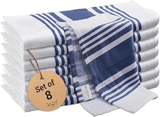 Urban Villa Dish Cloth 100% Cotton Pack of 8, Highly Absorbent Quick Drying Soft Premium Dish Towels for Kitchen with Hanging Loop Hand & Tea Towels - 12x12 Inch, (Indigo Blue & White, Striped)