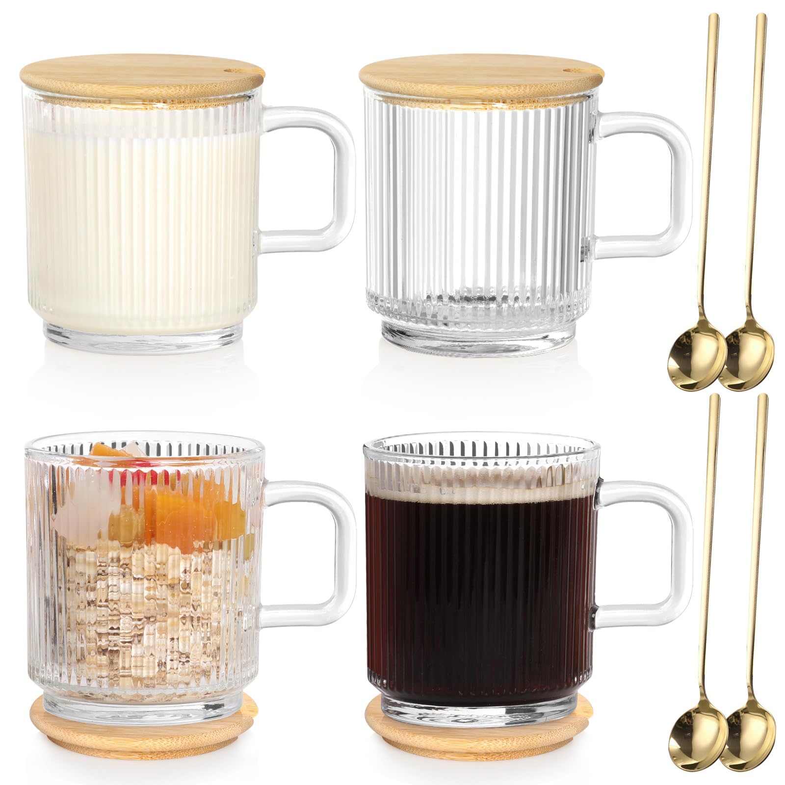Ulrikco Set 4 Tazze In Vetro A Doppia Parete 350ml Con Coperchio E Cucchiaio In Bambù - Borosilicato, Tazze Per Caffè, Tè E Latte, Lavabili In Lavastoviglie