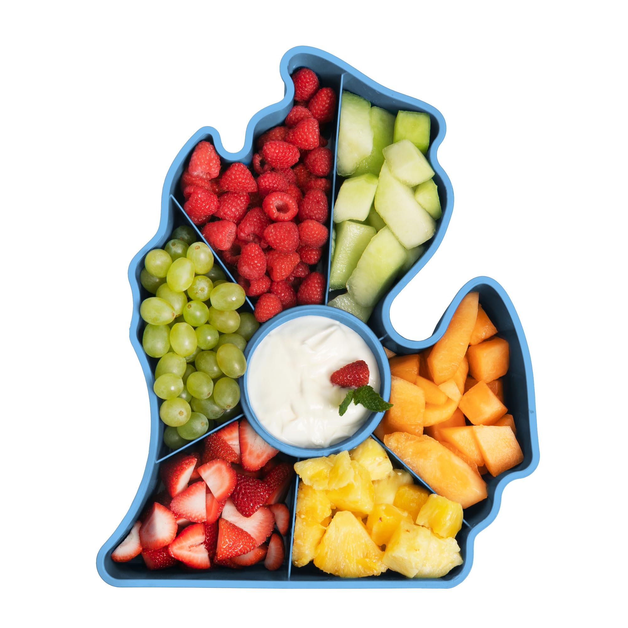 KOLORAE Michigan Serving Tray - Unique 7 Compartment Mitten State Reusable Snack Tray w/Dressing Cup. Great for Entertaining and Storage for Appetizers, Snacks, Chips & Dip