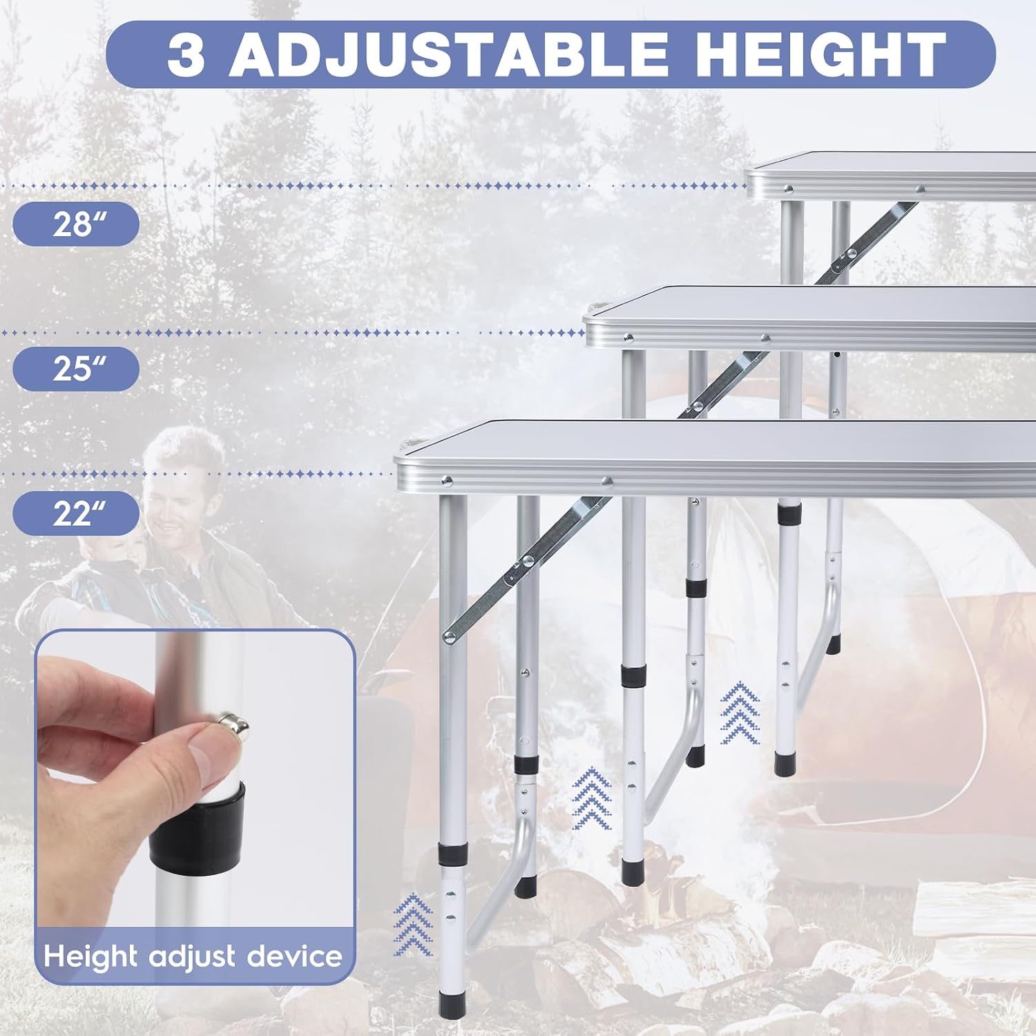 Outdoor Folding Camping Table with Storage Organizer, Portable Aluminum Composite Panel Lightweight Table, 3 Adjustable Height, for Indoor, BBQ, Party, Picnic, Hiking, Blue