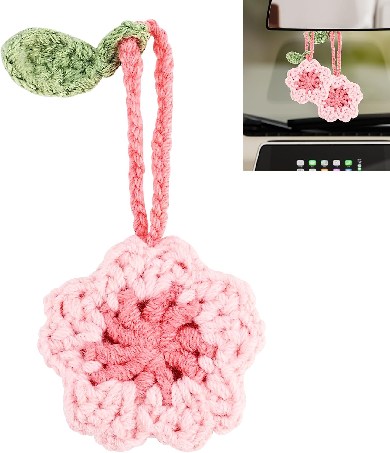 Crochet Cherry Blossom Car Hanging Ornament, Handmade Sakura Flower Rear View Mirror Hanging Charm, Cute Aesthetic Car Decor Accessories for Women, Interior Car Decorations Gift(Short)
