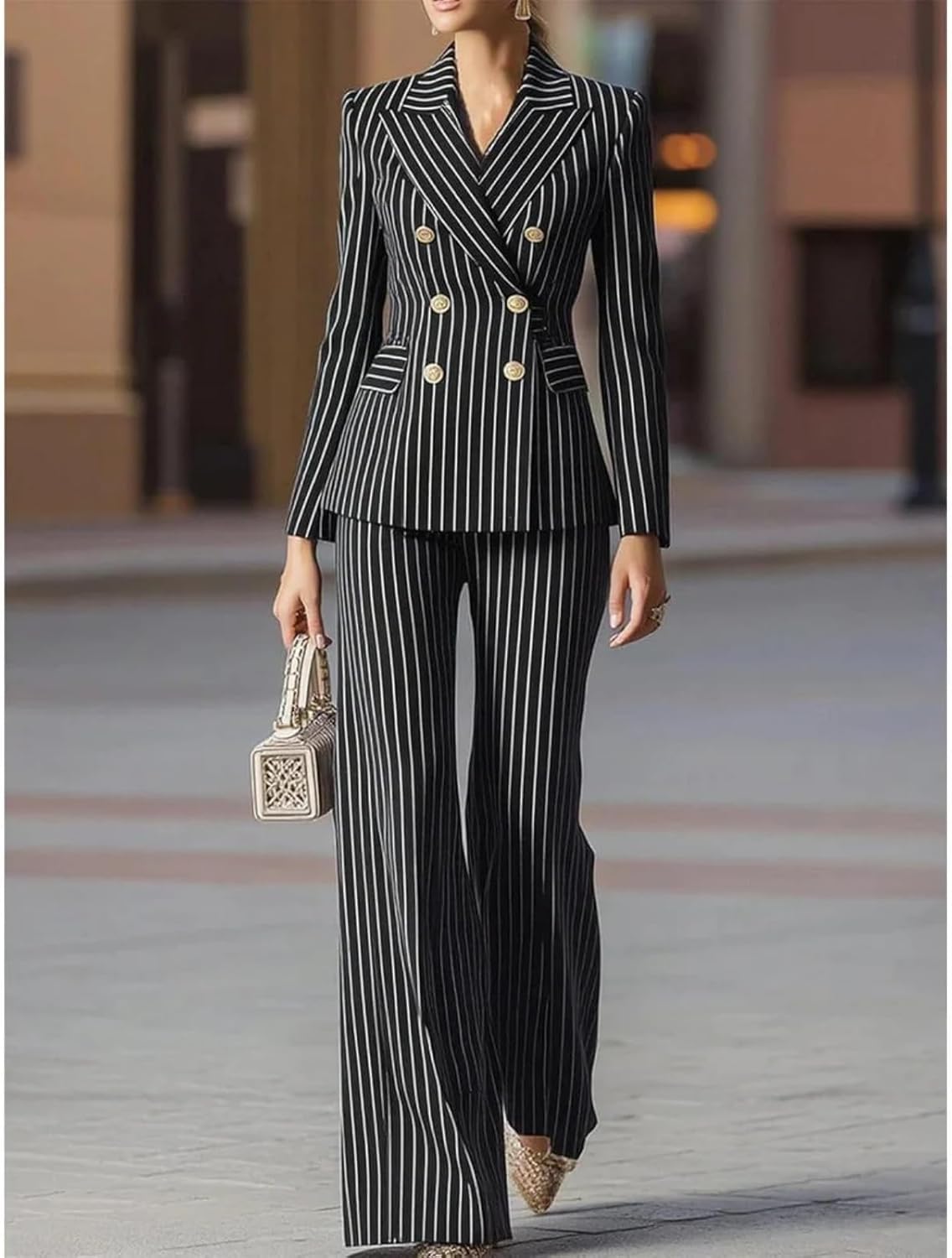 Women's Navy Striped 2 Piece Office Lady Stripes Business Suit Set Slim Fit Blazer Jacket Pant