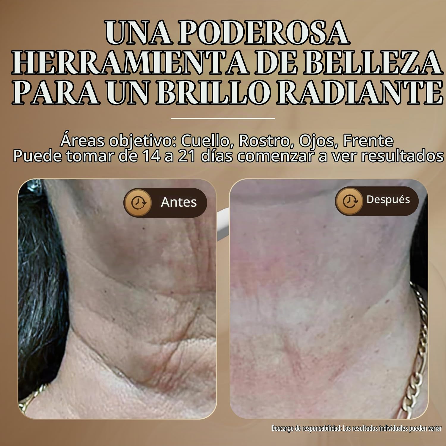 Dispositivo de belleza para el rejuvenecimiento de la piel GLO24K para rostro y cuello. Basado en tecnologías LED, térmicas y de vibración de triple acción.