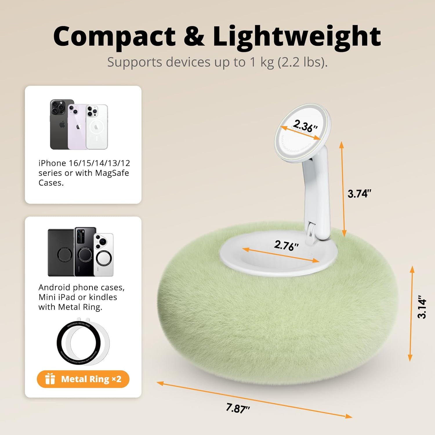SupeDesk Magnetic Phone Pillow Stand, Phone Holder for Bed,Lap,Desk, Cozy Pillow Stand with Snack Bowl and 2 Magnetic Rings, Compatible with 3.5-7" iPhone,E-Reader, Kindle, Green