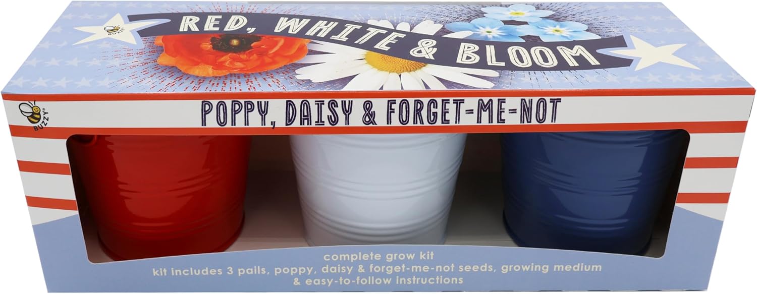 BUZZY Seeds Americana Grow Kit 3-Pack – Red White and Blue Pails with Daisies, Poppies & Forget-Me-Nots – Fun Patriotic Indoor Flower Grow Kit, DIY Gardening Gift Set