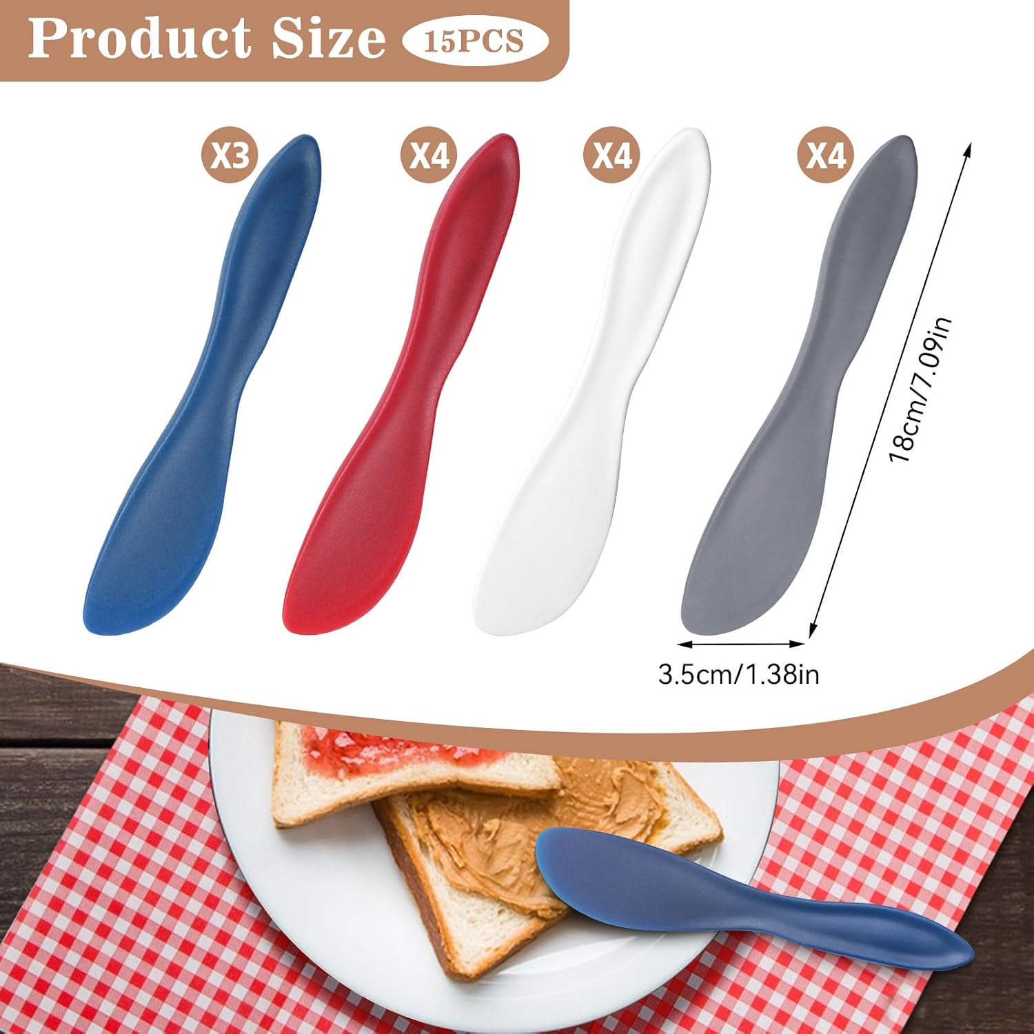 15PCS Plastic Non-Stick Butter Spreader, Multi Purpose Cake Knife Heat-Resistant Butter Stirrer Tool for Cheese, Sourdough, Cream and Butter Spreading (4 Colors)