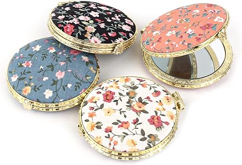 Miniatura 2 de Framendino, Paquete de 4 espejos de bolsillo retro con diseño floral vintage para maquillaje y maquillaje para mujeres y niñas
