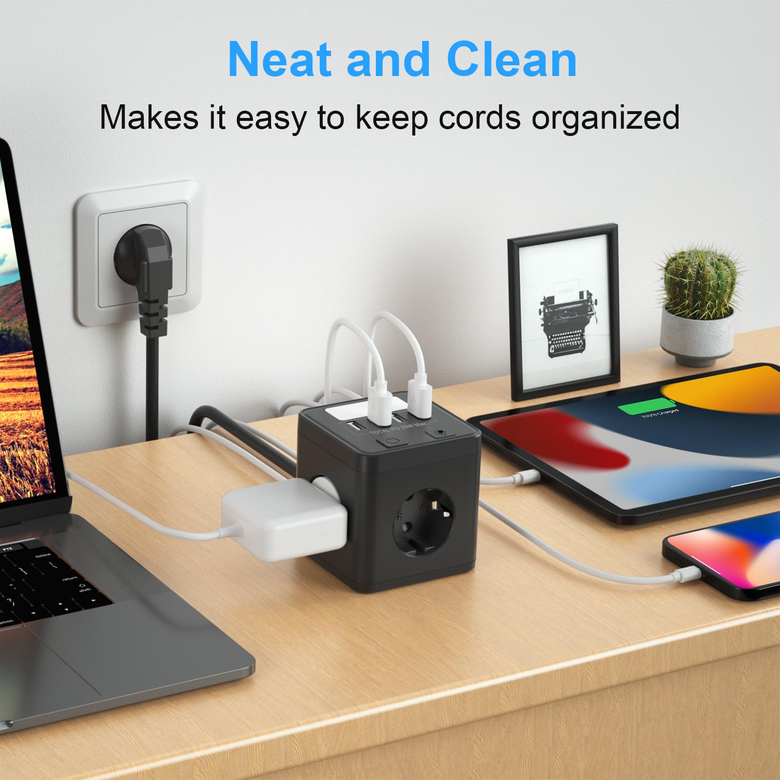 Ciabatta Da Tavolo Con 4 Prese E USB-C 20W - Interruttori Singoli, Protezione Sovratensione, Cavo 2m | Per Ufficio E Casa