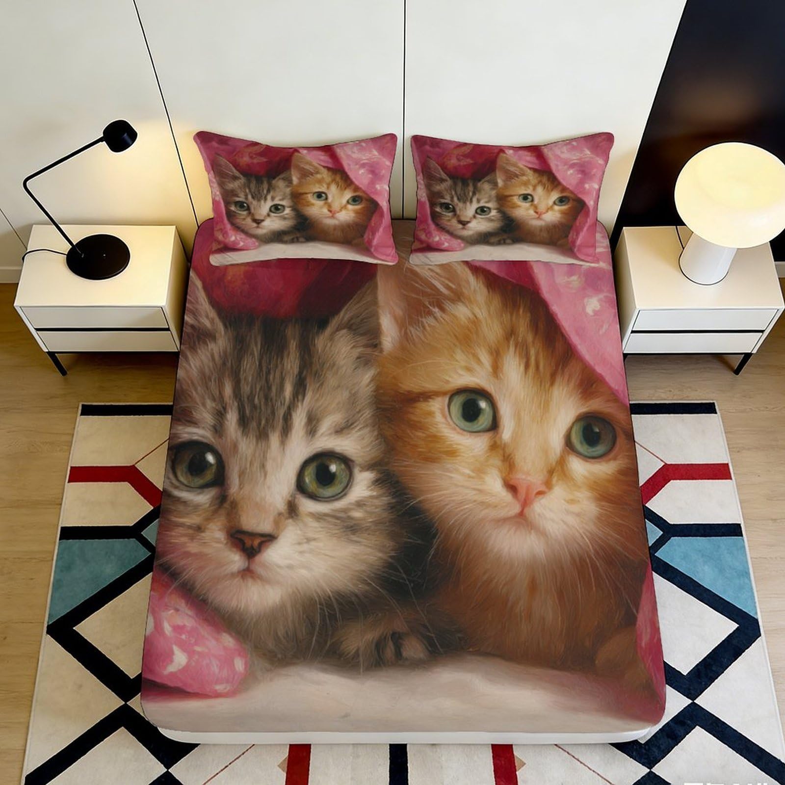 3D Printed Cute Cat Microfiber Fitted Sheet Deep Pocket Non-Slip Bedroom Bedding Full Wrap Mattress Fitted Cover for Adults Teenagers 200x200x25cm 90x200x25cm