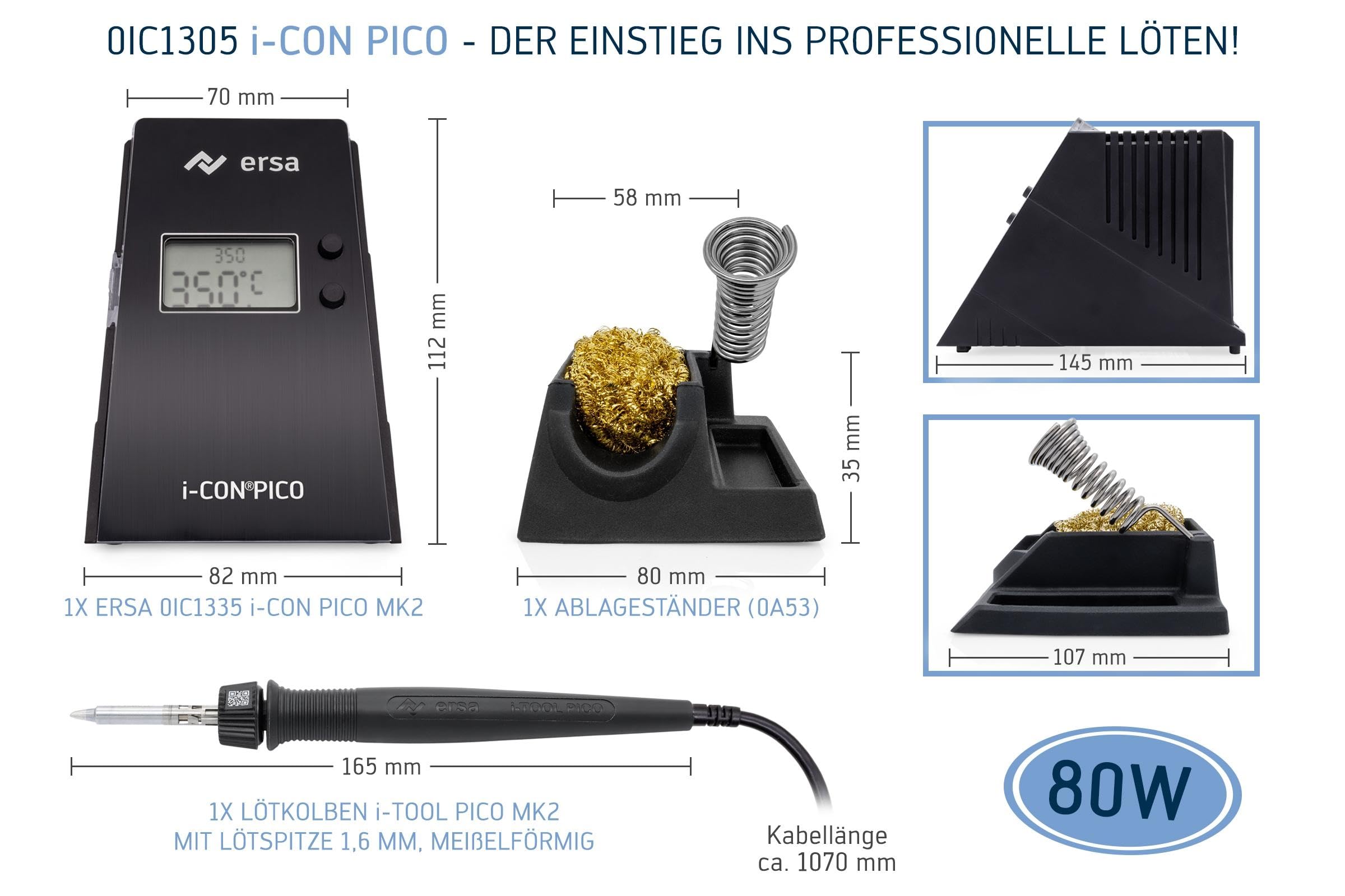 ERSA i-CON PICO MK2 Stazione di saldatura digitale 80 Watt 150-450°C i-TOOL PICO MK2 saldatore TIP'N TURN punta 1,6 mm standby