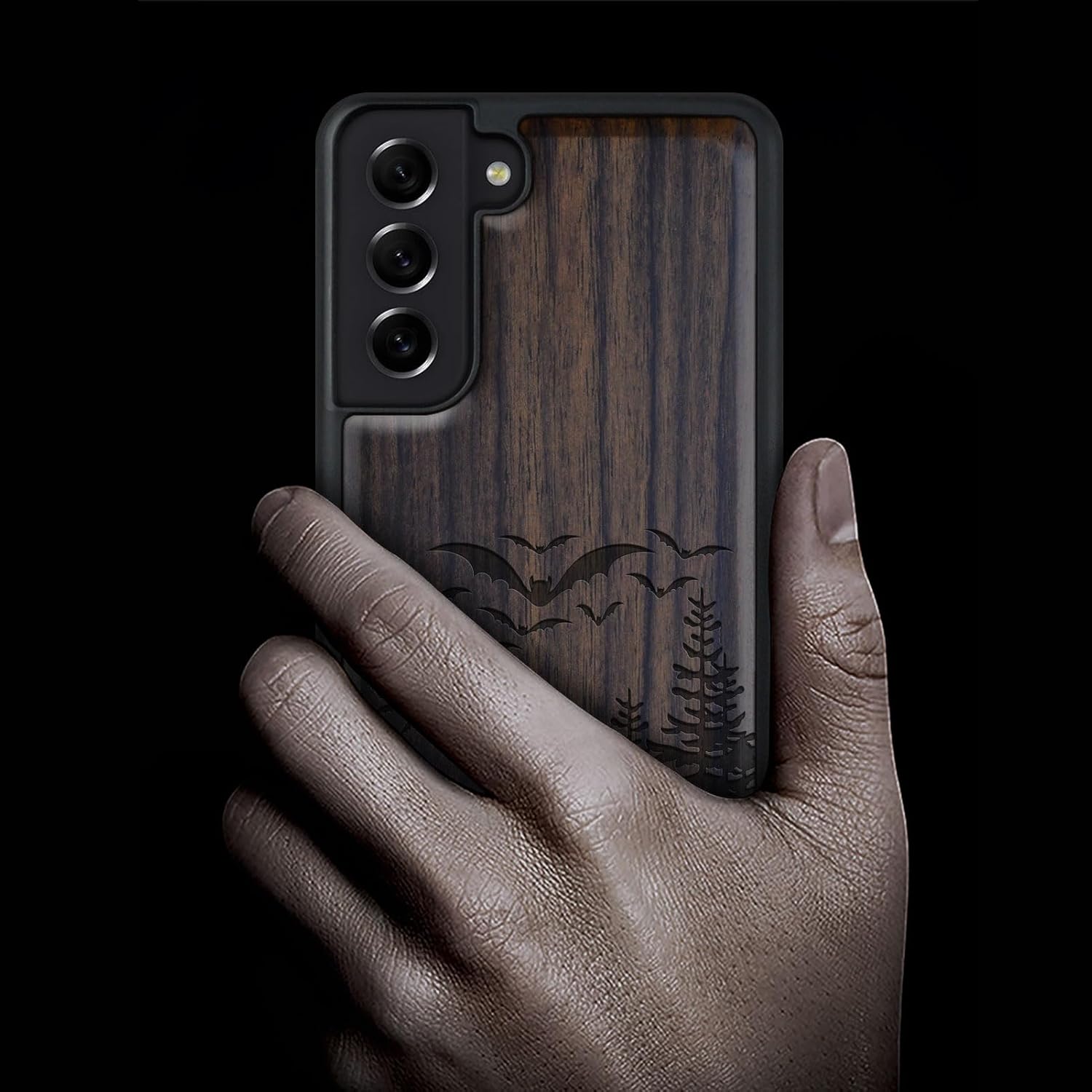 Carveit Wood Case for Galaxy S21 FE Case [Natural Wood & Black Soft TPU] Shockproof Hybrid Protective Unique Wooden Cover Compatible with Samsung S21 FE (Bats Over The Forest-Blackwood)