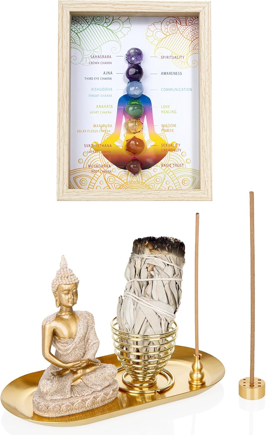 ZenBless 6 in 1 Incense Holder - Palo Santo, Buddha Statue, Sage & Incense Burner Holder for Sticks/Coil/Cones, Gold Oval Ash Catcher + Healing Crystal Stone 7 Chakras Healing Stones Picture Frame