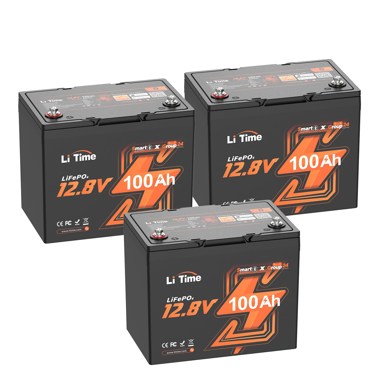 Litime 12v 100Ah RV LiFePO4 Lithium Battery for Trolling Motors (3-Pack)