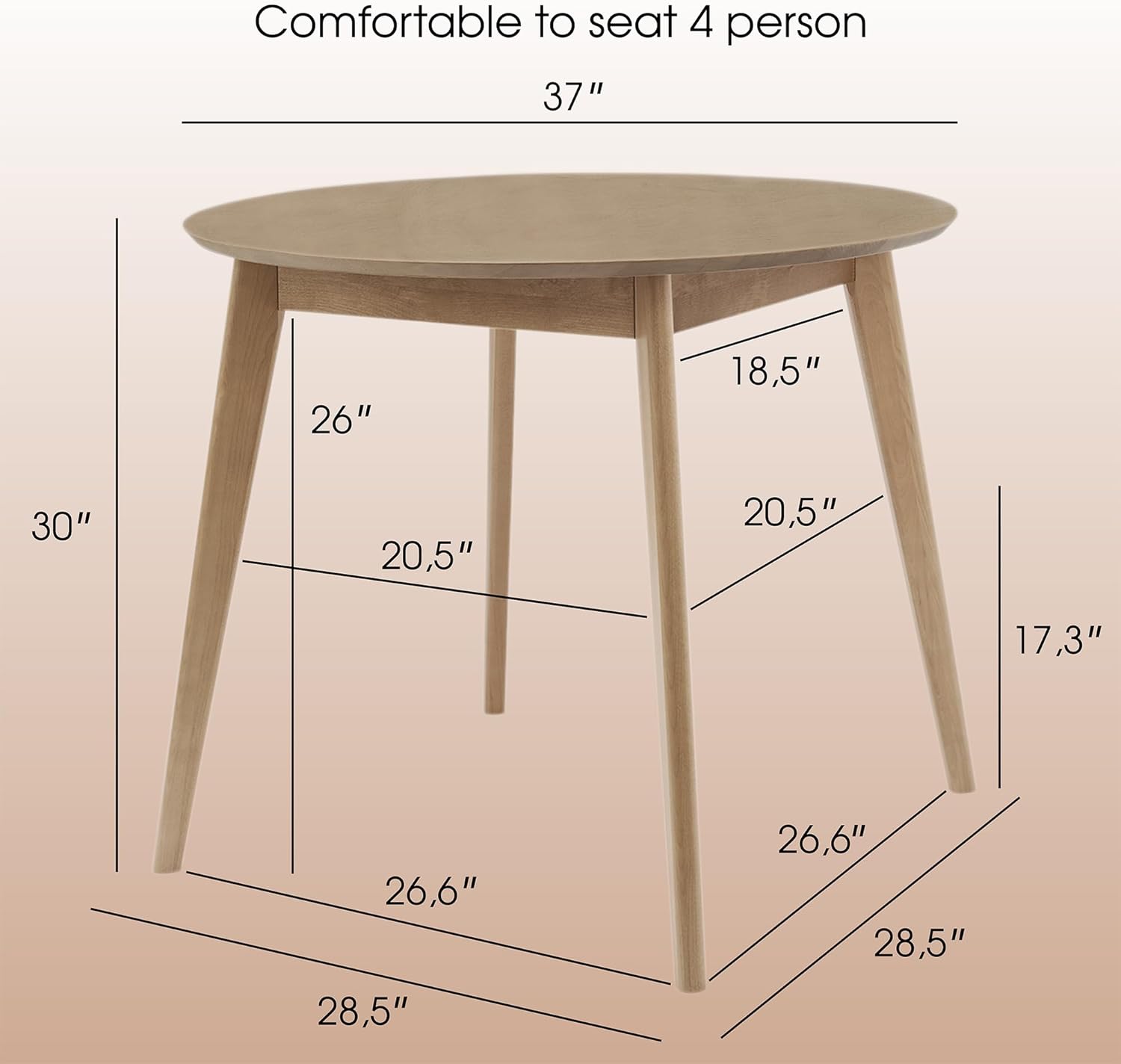 Orion Round Dining Table for 4 Person – Birch Solid Wood Kitchen & Dining Room Furniture – Mid Century Modern Scandinavian Style – Brown Kitchen Table 37 inch