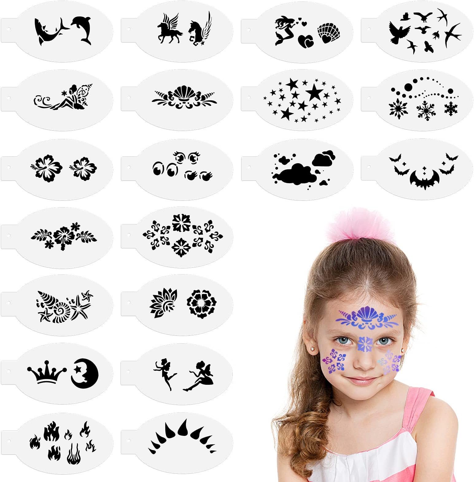 Grevosea 20 Pieces Face Paint Stencils, Reusable Body Painting Stencils Makeup Painting Templates Temporary Tattoos Stencils for Kids Halloween Holiday Party Makeup Body Art Painting