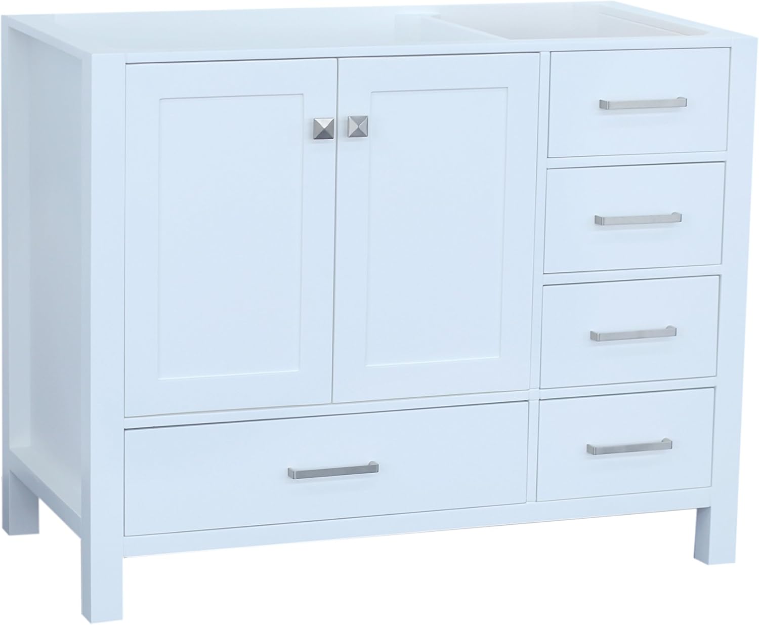ARIEL Cambridge A043S-L-BC-WHT 42" Inch Single Left Offset Solid Wood White Bathroom Vanity Base Cabinet with Two Soft-Closing Doors and Five Self-Closing Drawers